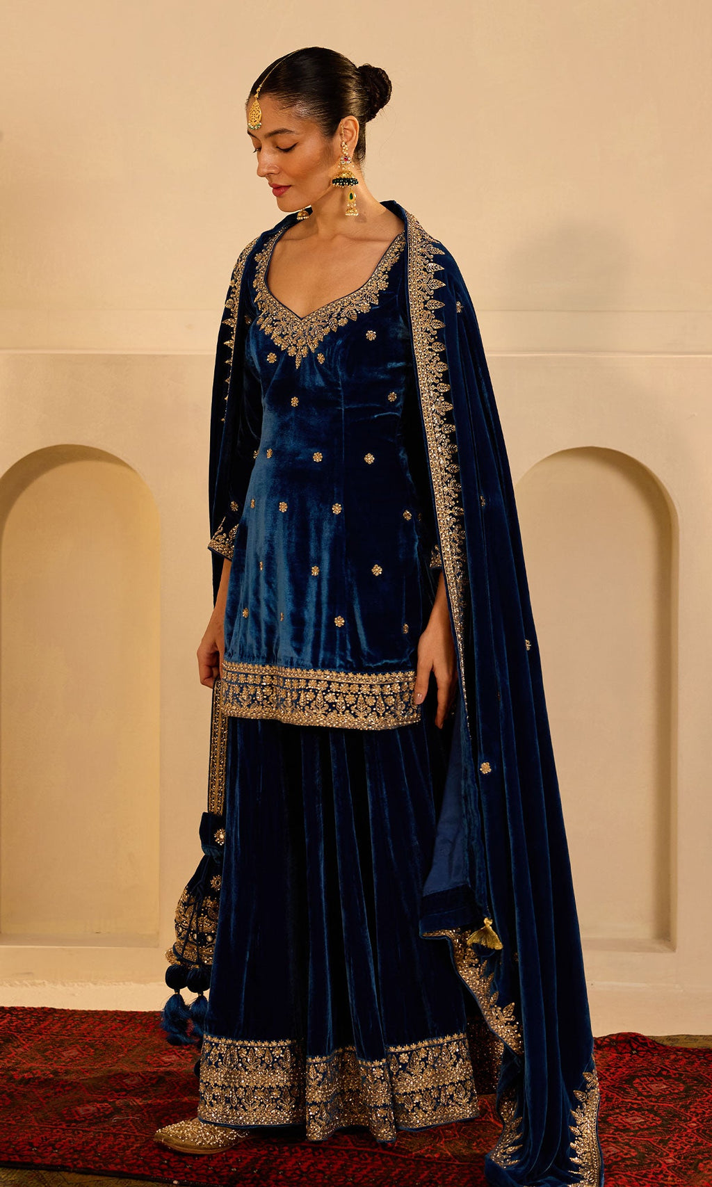 Dilbaro mughals sapphire blue embroidered sharara set with shawl (set of 3) - Ready to ship