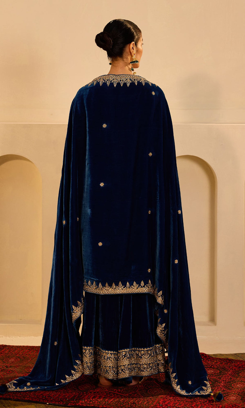 Dilbaro mughals sapphire blue embroidered sharara set with shawl (set of 3) - Ready to ship