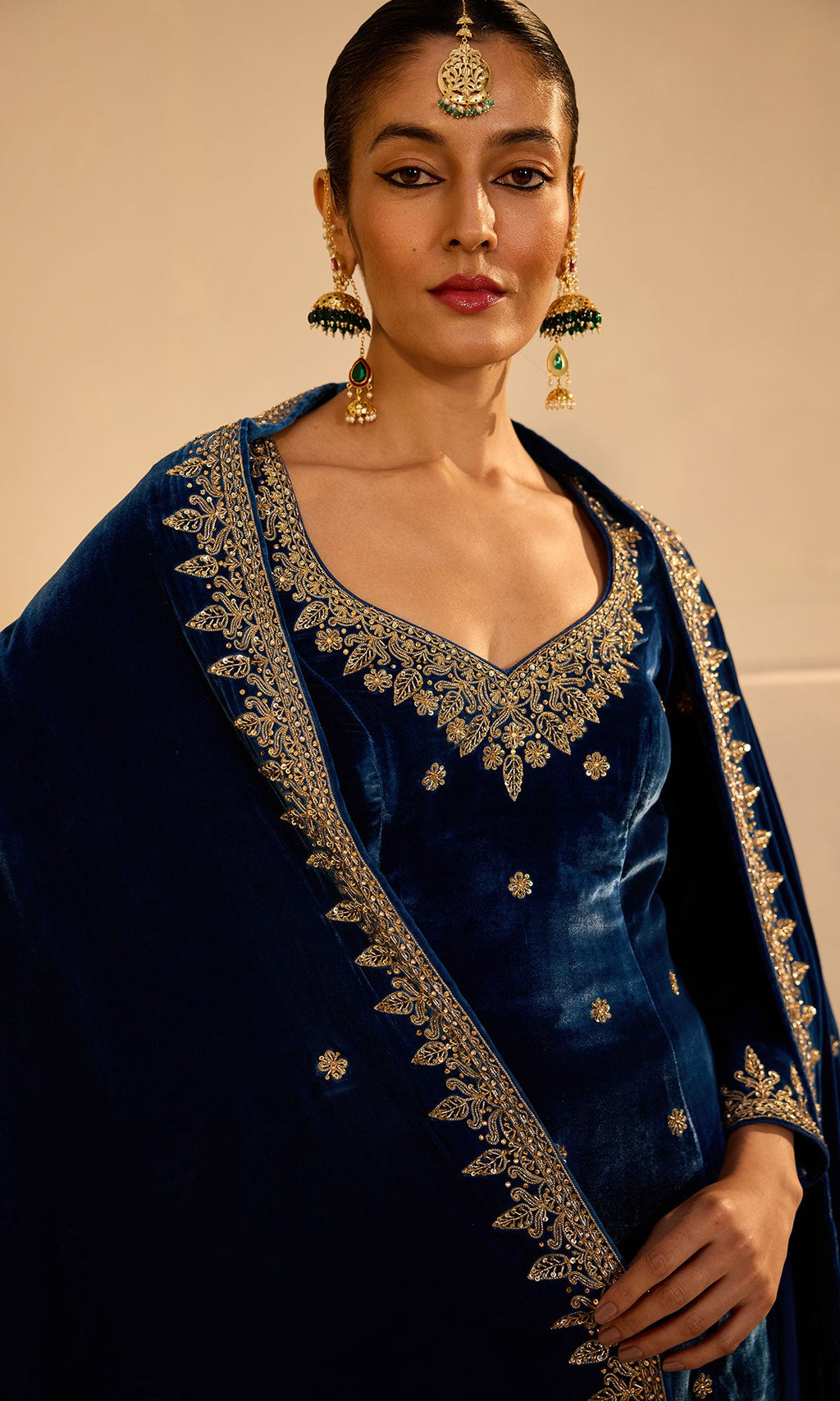 Dilbaro mughals sapphire blue embroidered sharara set with shawl (set of 3) - Ready to ship