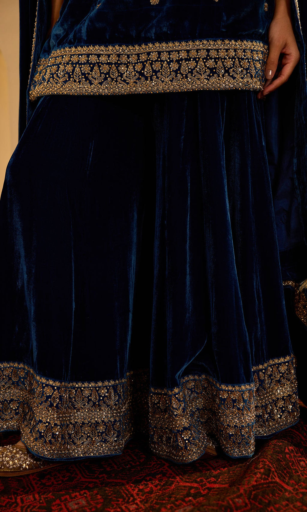 Dilbaro mughals sapphire blue embroidered sharara set with shawl (set of 3) - Ready to ship