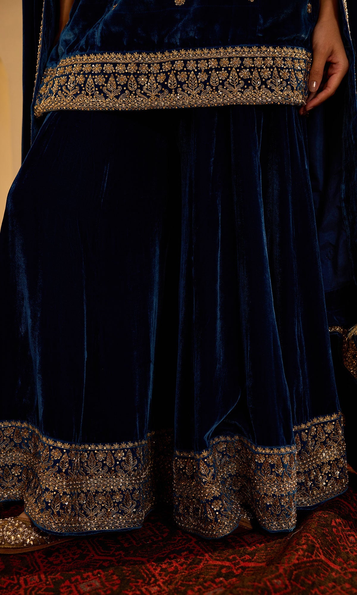 Dilbaro mughals sapphire blue embroidered sharara set with shawl (set of 3) - Ready to ship
