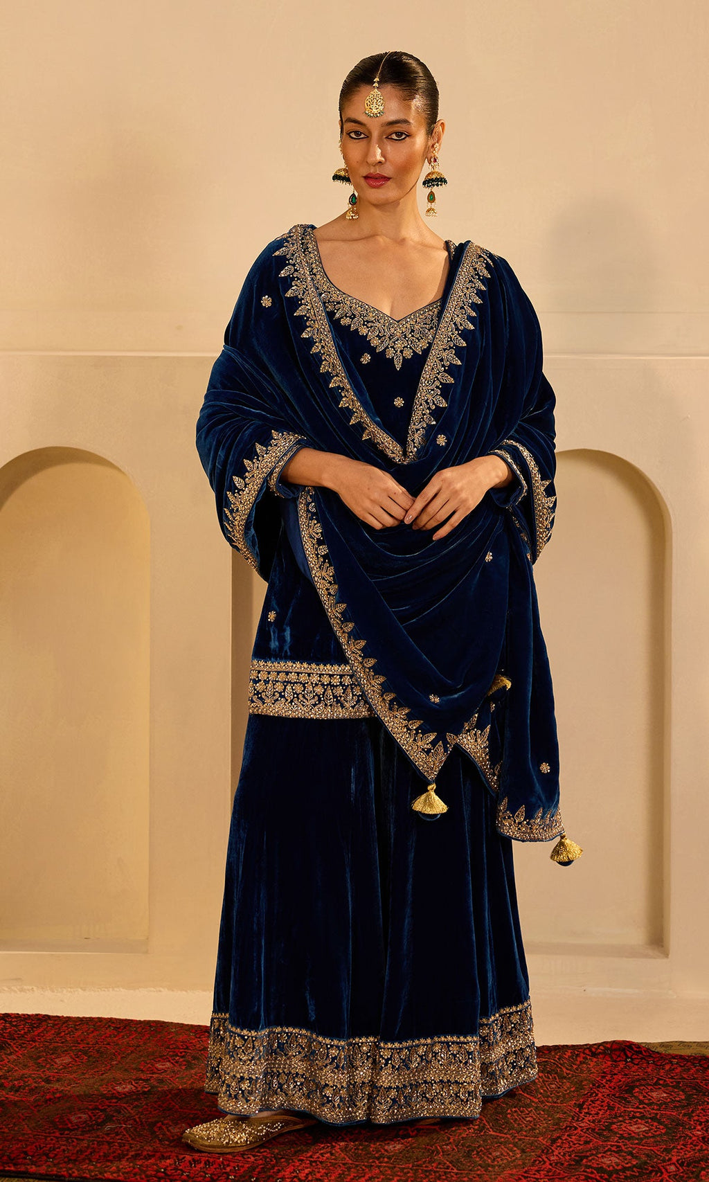 Dilbaro mughals sapphire blue embroidered sharara set with shawl (set of 3) - Ready to ship