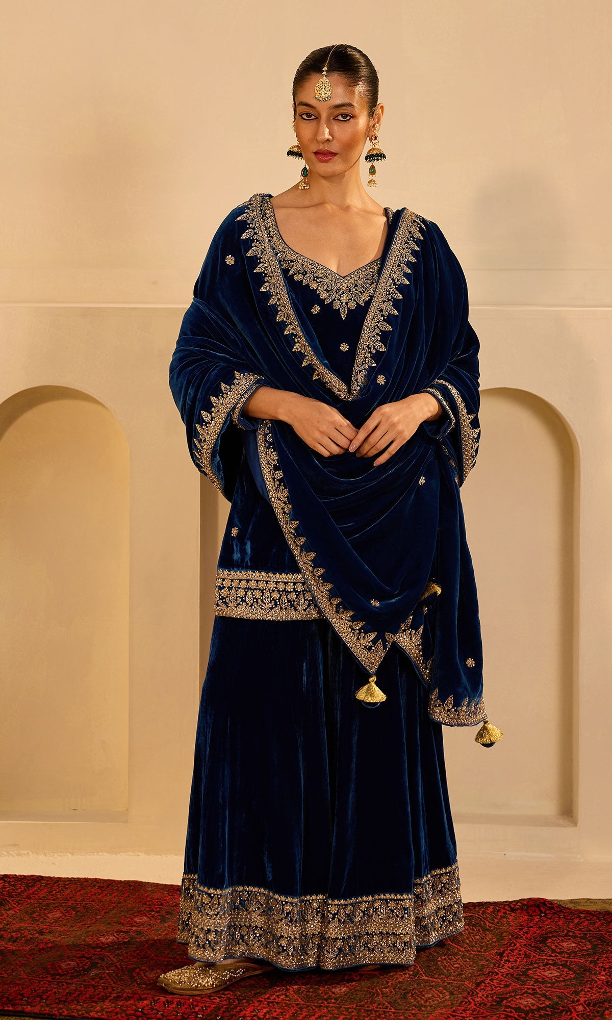Dilbaro mughals sapphire blue embroidered sharara set with shawl (set of 3) - Ready to ship