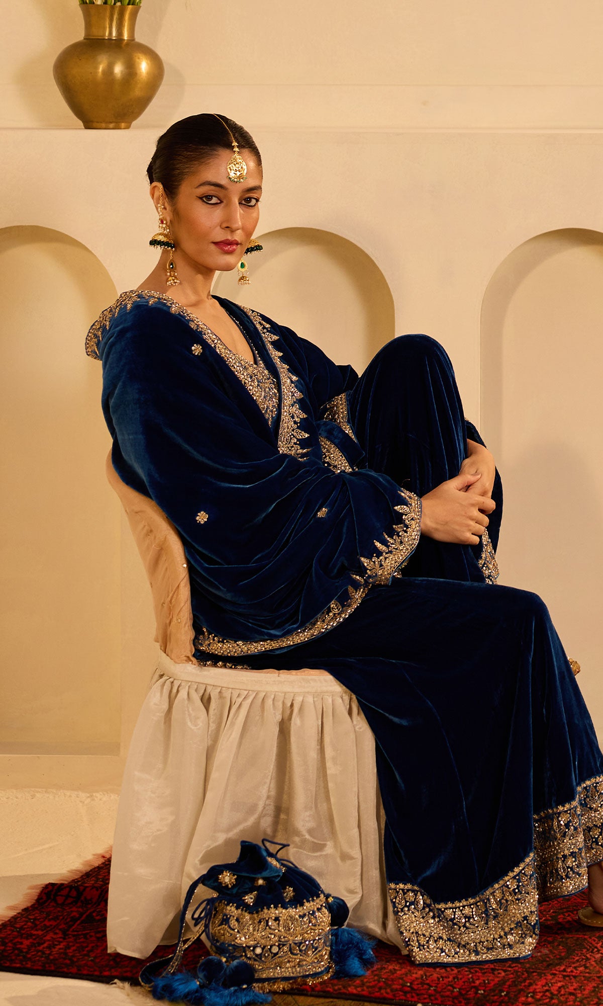 Dilbaro mughals sapphire blue embroidered sharara set with shawl (set of 3) - Ready to ship