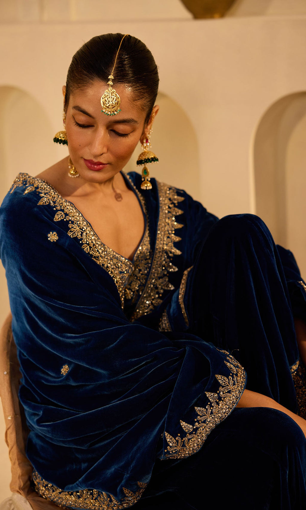 Dilbaro mughals sapphire blue embroidered sharara set with shawl (set of 3) - Ready to ship