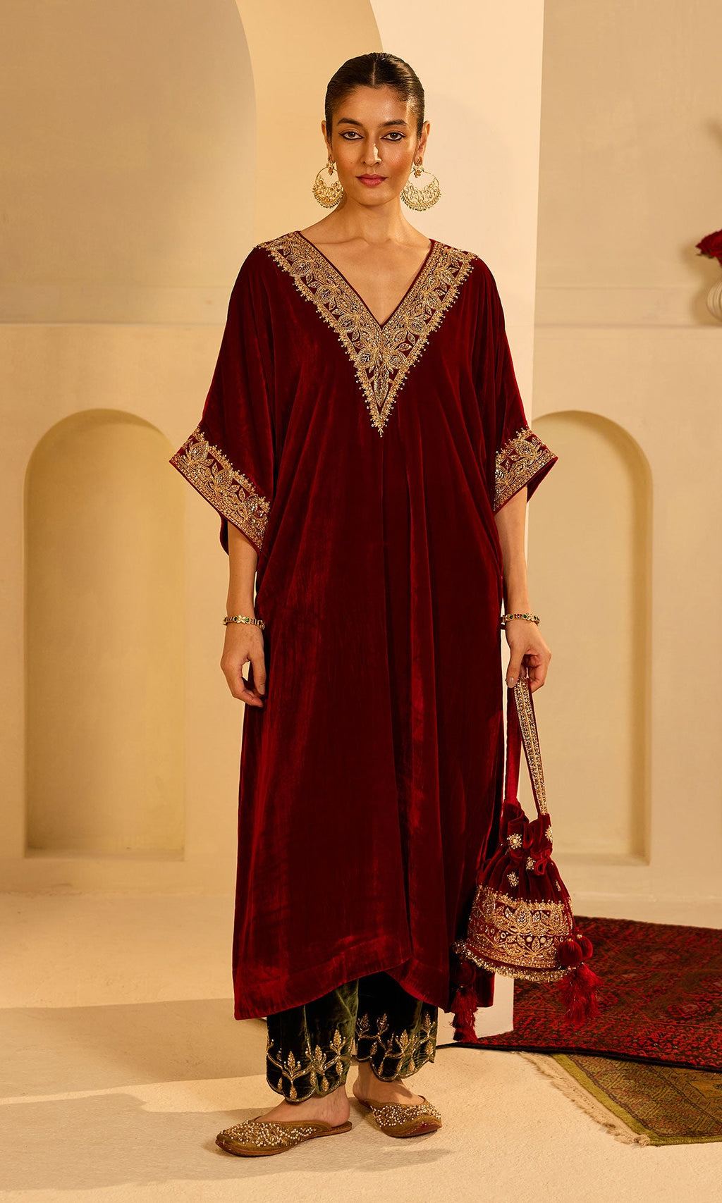 Dilbaro Mughals Silk Velvet Red Kaftan Wih Salwar with Palazzo (set of 2) - Ready to ship