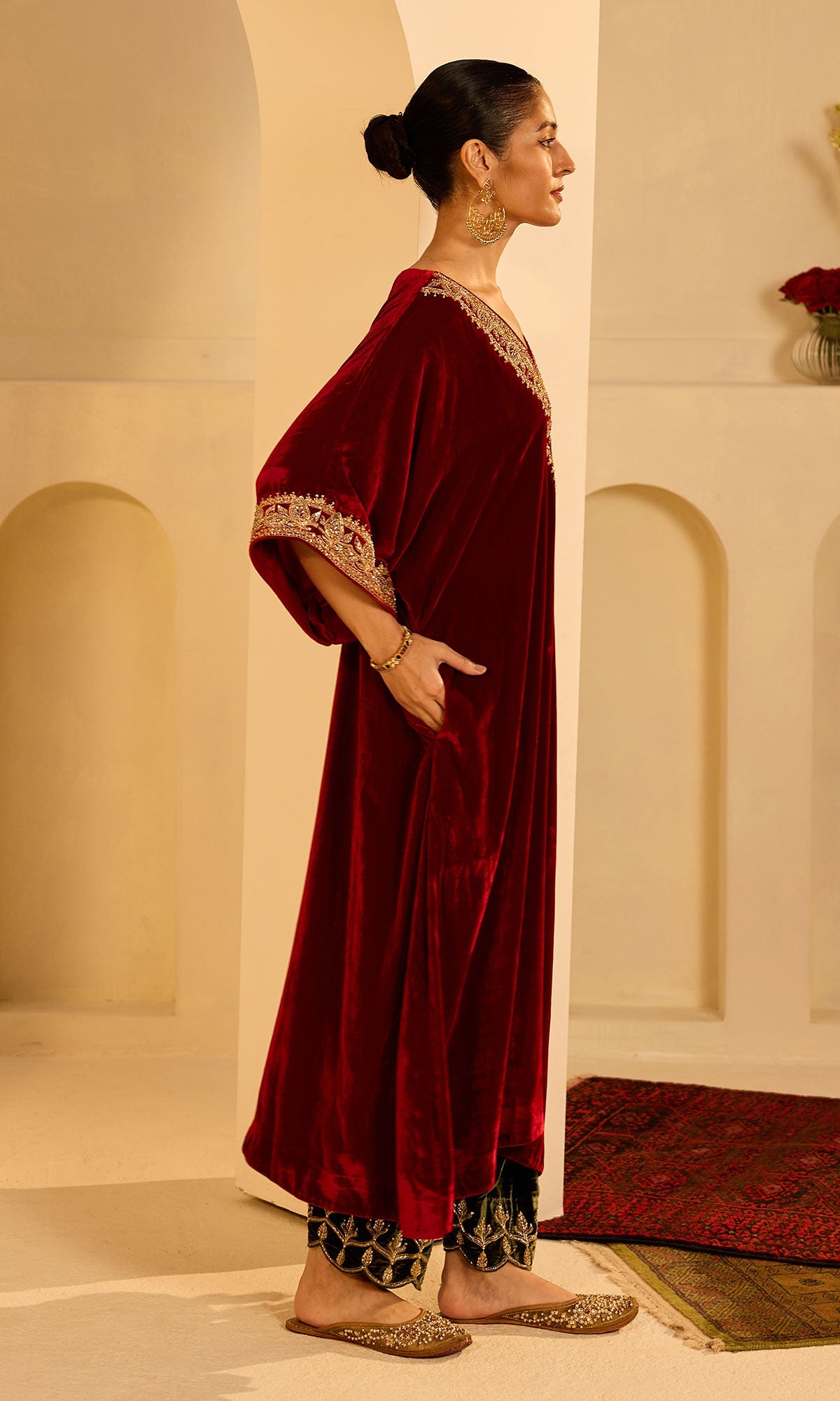 Dilbaro Mughals Silk Velvet Red Kaftan Wih Salwar with Palazzo (set of 2) - Ready to ship