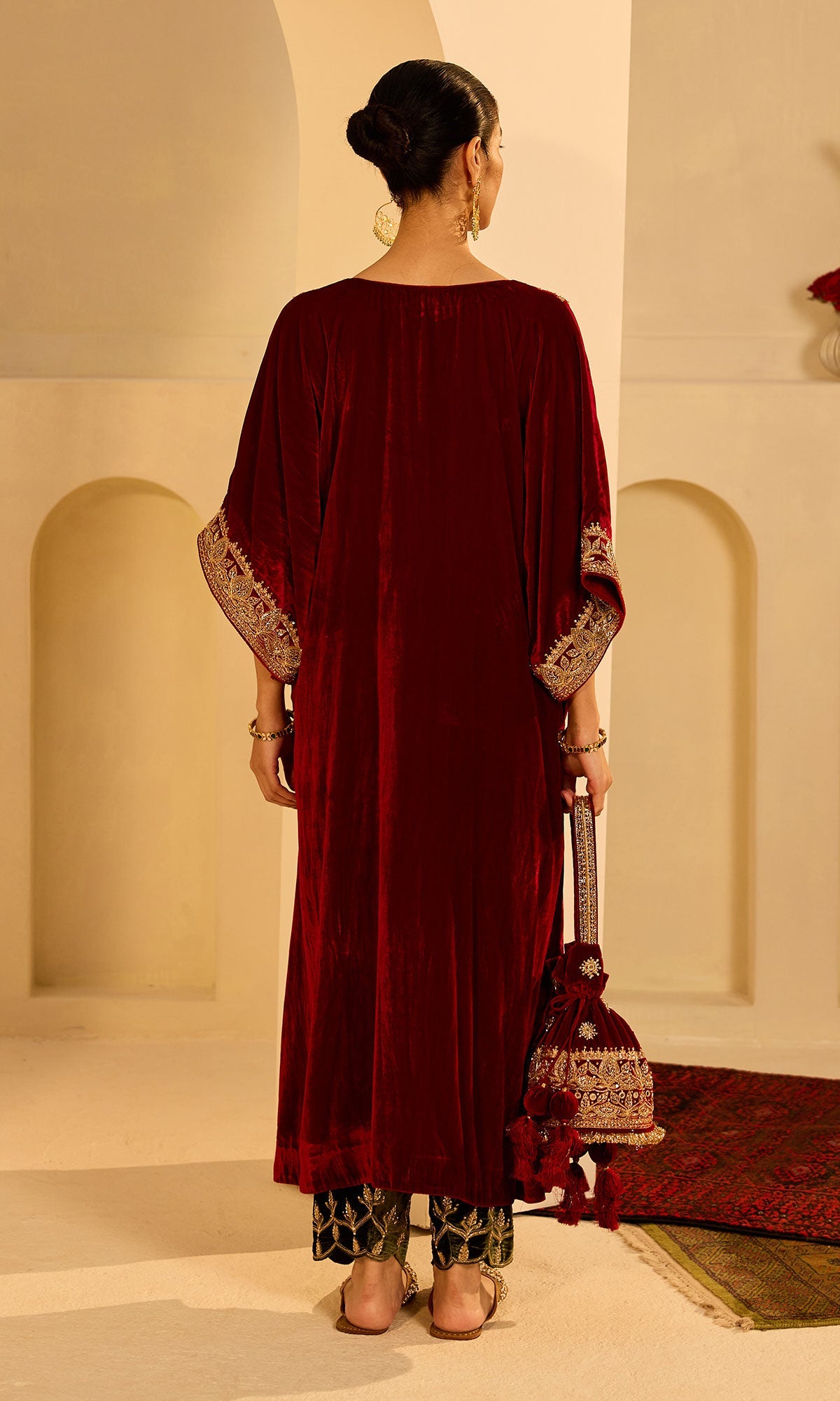 Dilbaro Mughals Silk Velvet Red Kaftan Wih Salwar with Palazzo (set of 2) - Ready to ship