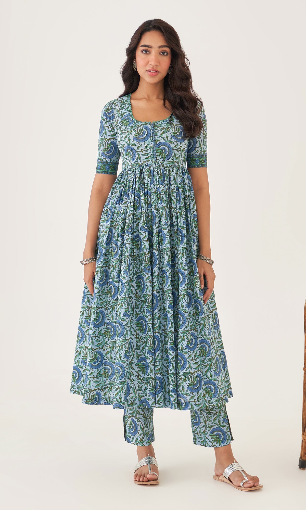 Hoor Powder Blue Block Printed Anarkali With Pants And Dupatta Set Of 3 RTS