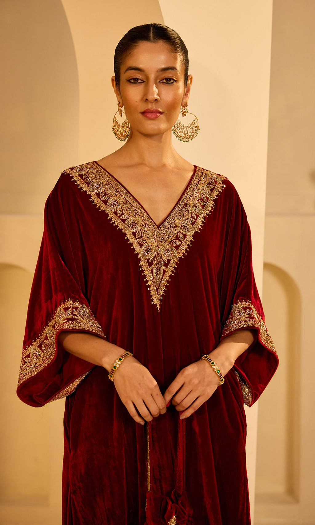 Dilbaro Mughals Silk Velvet Red Kaftan Wih Salwar with Palazzo (set of 2) - Ready to ship