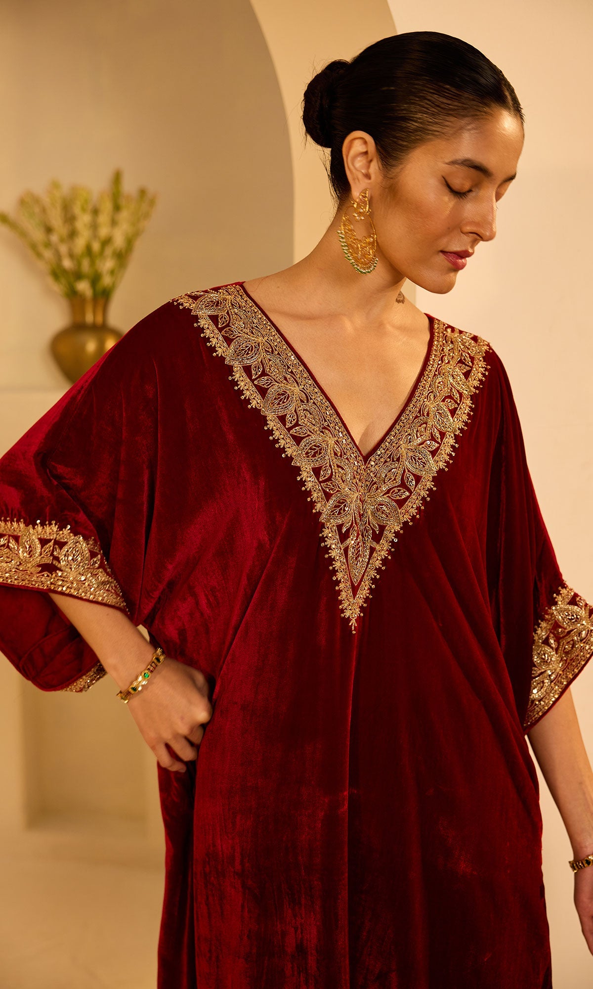 Dilbaro Mughals Silk Velvet Red Kaftan Wih Salwar with Palazzo (set of 2) - Ready to ship