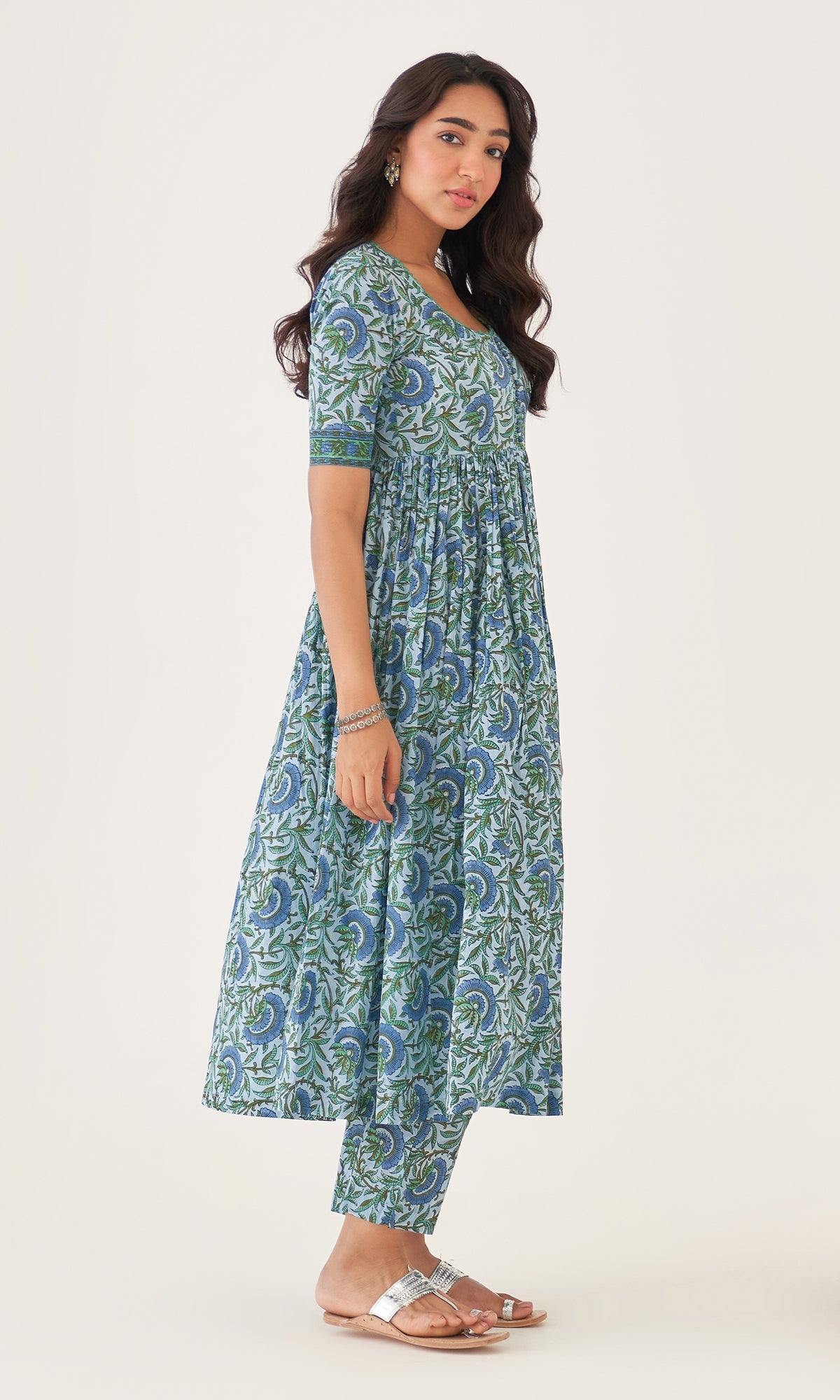 Hoor Powder Blue Block Printed Anarkali With Pants And Dupatta Set Of 3 RTS