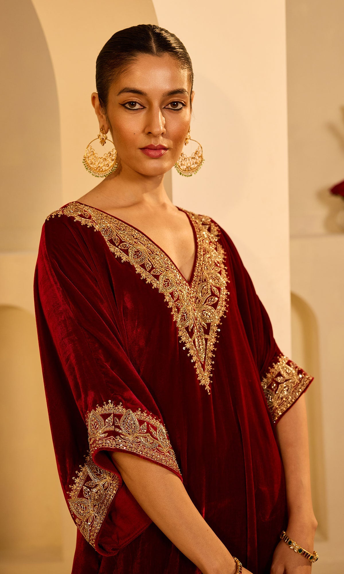 Dilbaro Mughals Silk Velvet Red Kaftan Wih Salwar with Palazzo (set of 2) - Ready to ship