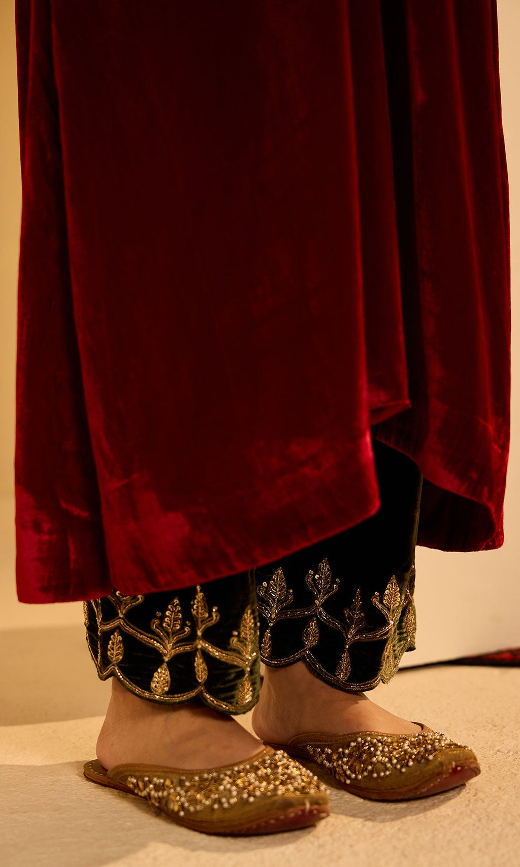 Dilbaro Mughals Silk Velvet Red Kaftan Wih Salwar with Palazzo (set of 2) - Ready to ship