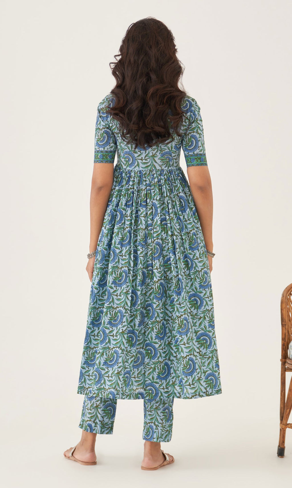 Hoor Powder Blue Block Printed Anarkali With Pants And Dupatta Set Of 3 RTS