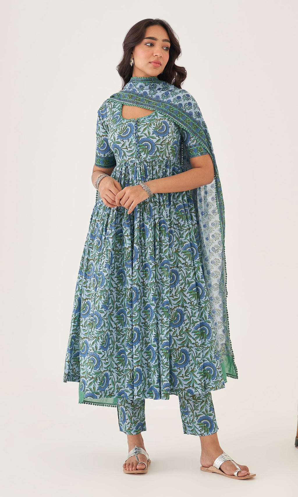 Hoor Powder Blue Block Printed Anarkali With Pants And Dupatta Set Of 3 RTS