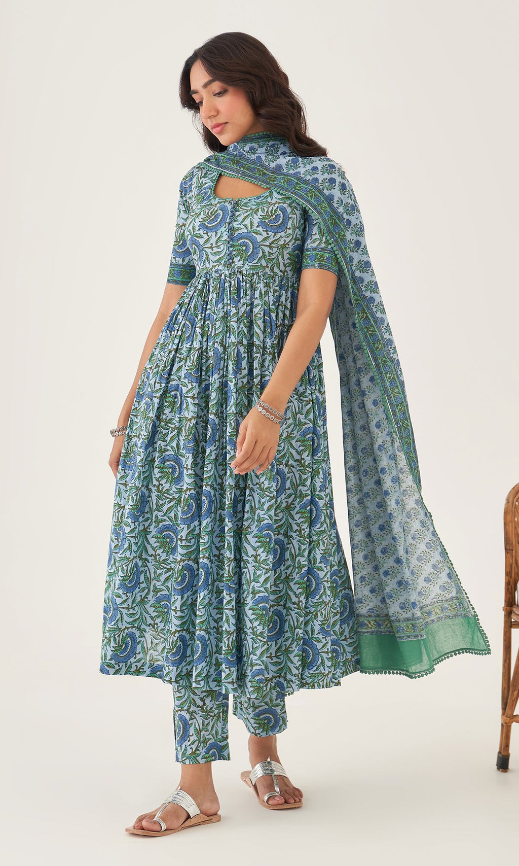 Hoor Powder Blue Block Printed Anarkali With Pants And Dupatta Set Of 3 RTS