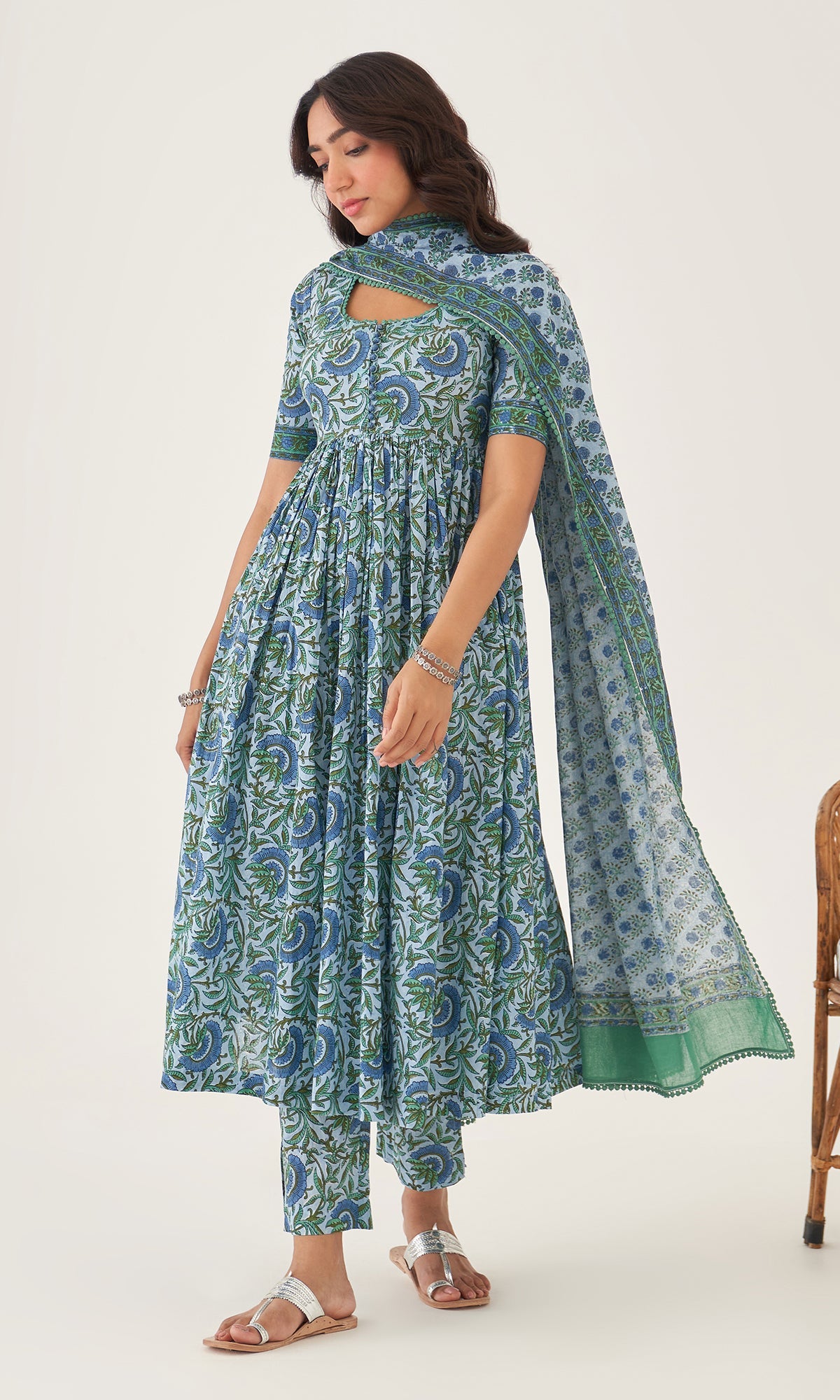 Hoor Powder Blue Block Printed Anarkali With Pants And Dupatta Set Of 3 RTS