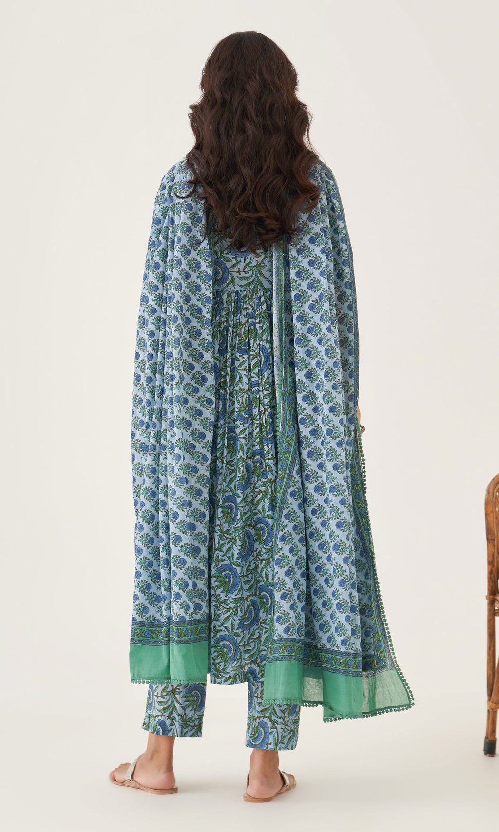 Hoor Powder Blue Block Printed Anarkali With Pants And Dupatta Set Of 3 RTS