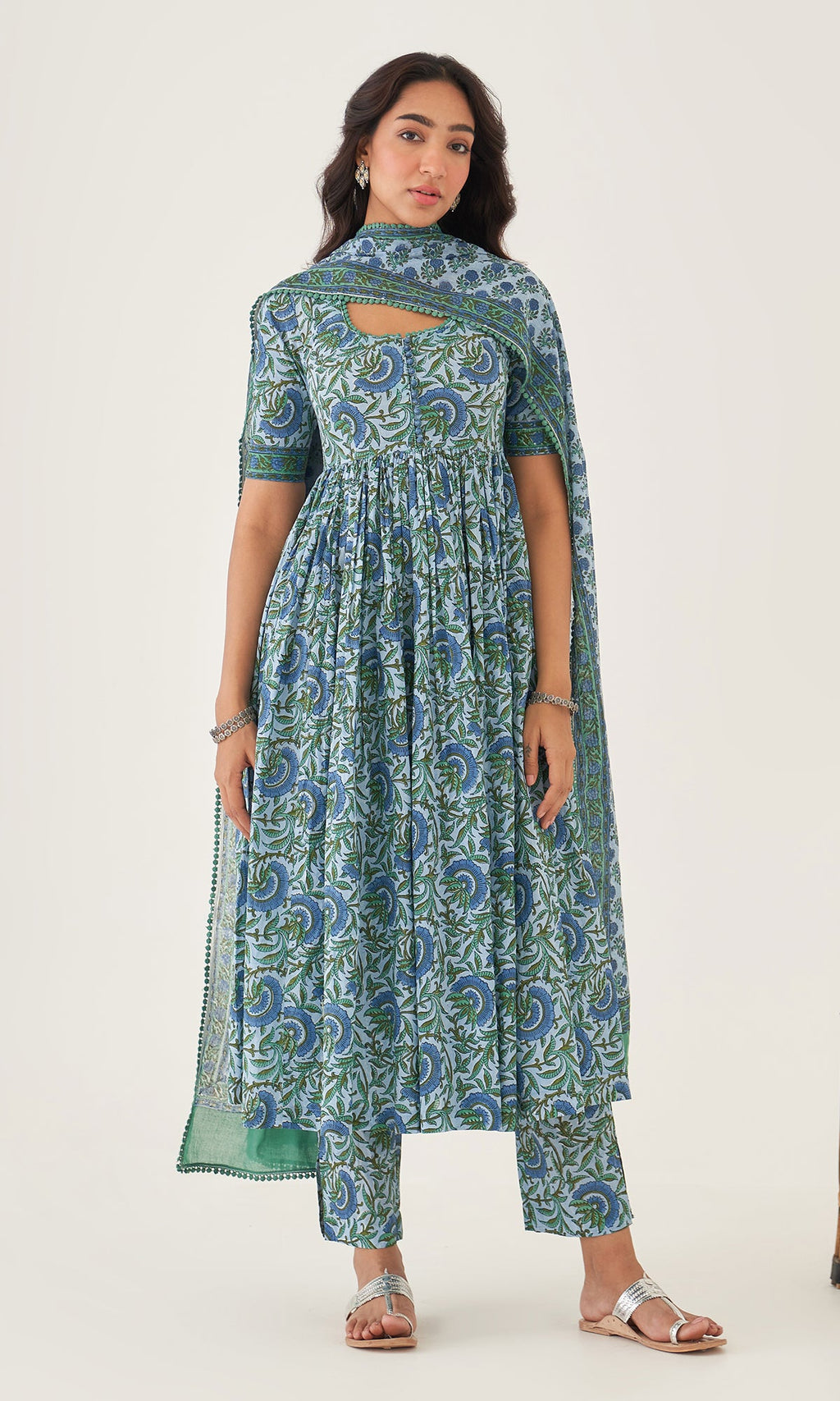 Hoor Powder Blue Block Printed Anarkali With Pants And Dupatta Set Of 3 RTS
