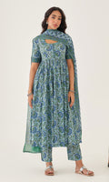Hoor Powder Blue Block Printed Anarkali With Pants And Dupatta Set Of 3 RTS