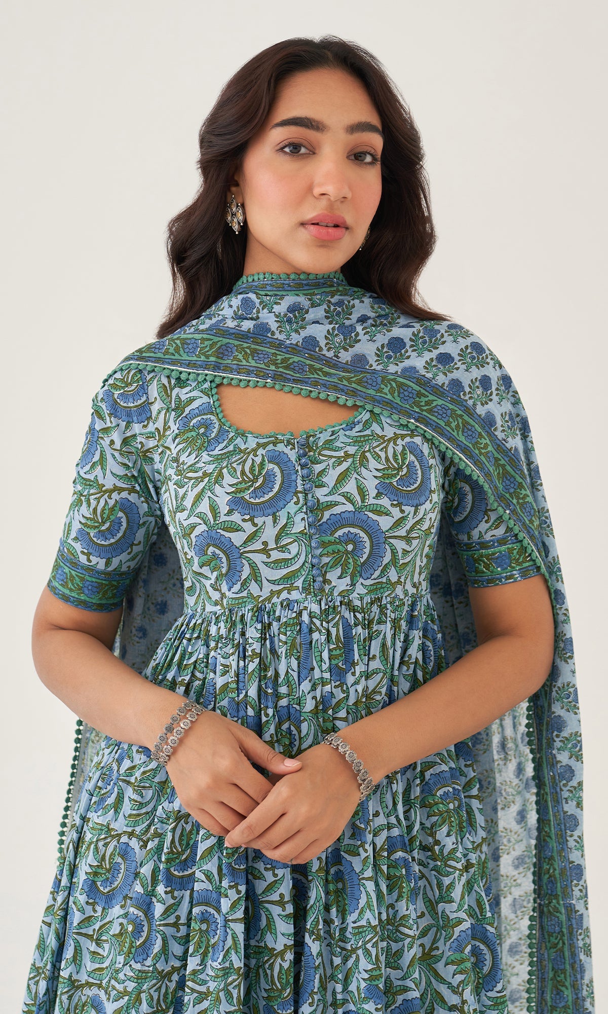 Hoor Powder Blue Block Printed Anarkali With Pants And Dupatta Set Of 3 RTS