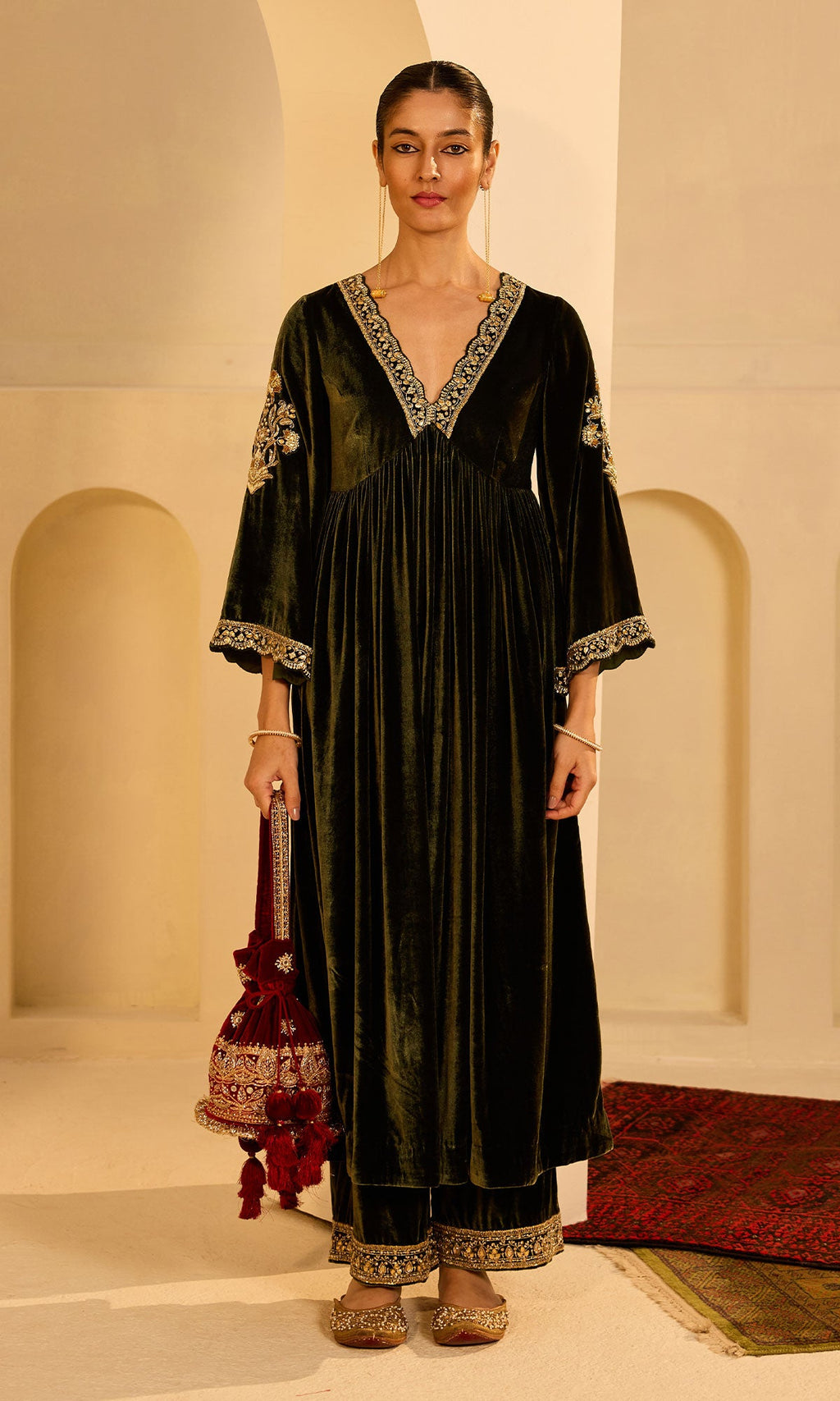 Dilbaro Mughals Olive Green v Neck Anarkali with Palazzo and Dupatta (set of 3) - Ready to ship