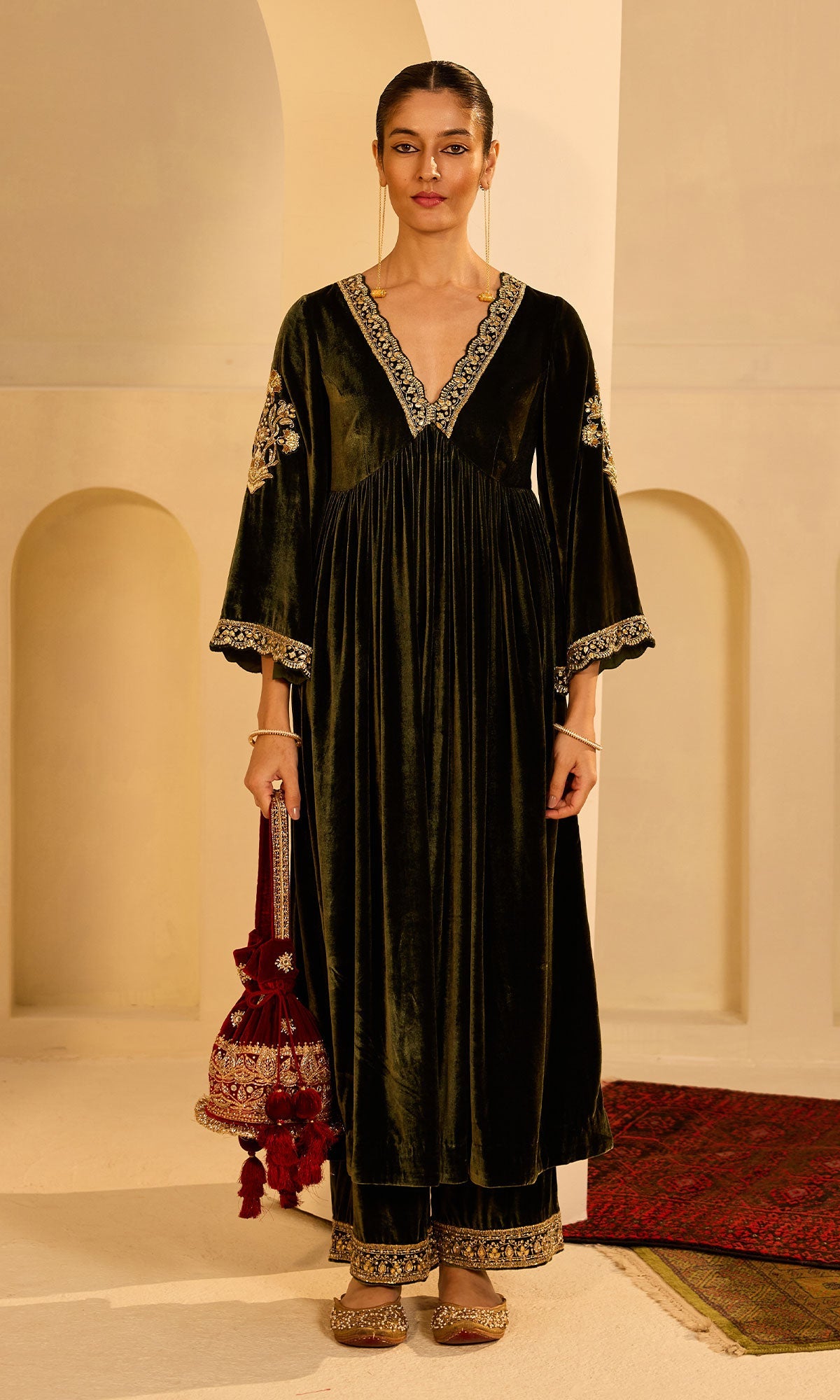 Dilbaro Mughals Olive Green v Neck Anarkali with Palazzo and Dupatta (set of 3) - Ready to ship