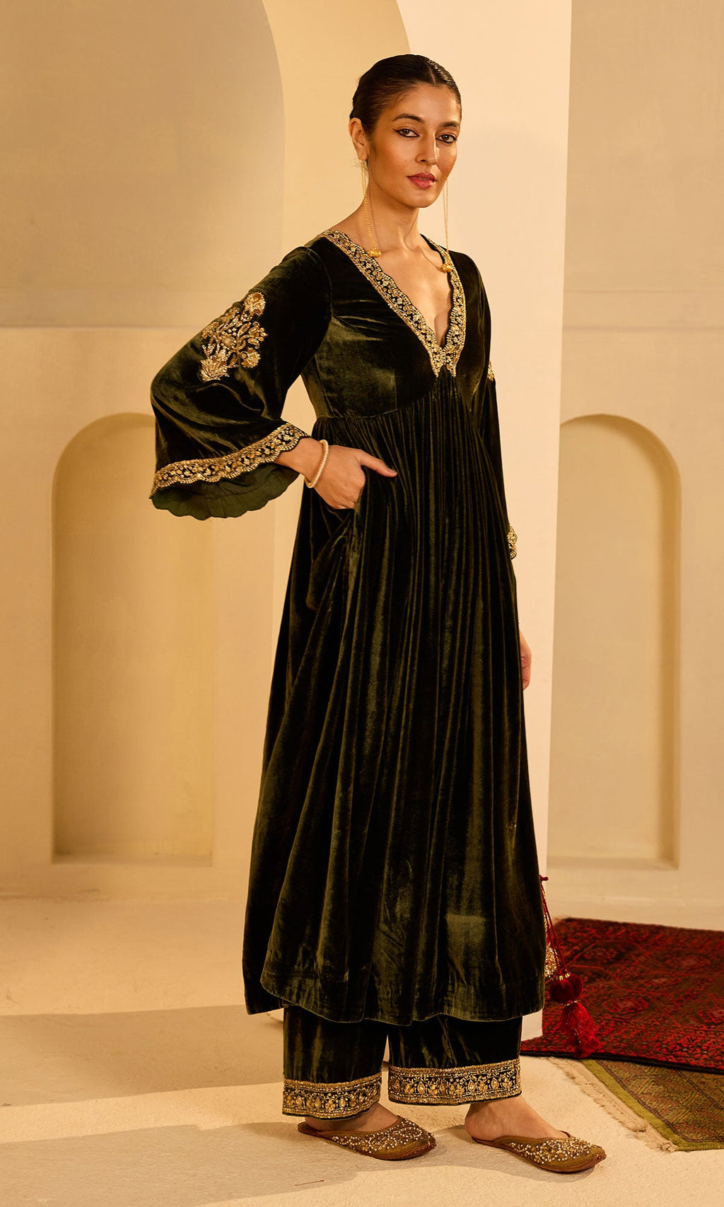 Dilbaro Mughals Olive Green v Neck Anarkali with Palazzo and Dupatta (set of 3) - Ready to ship