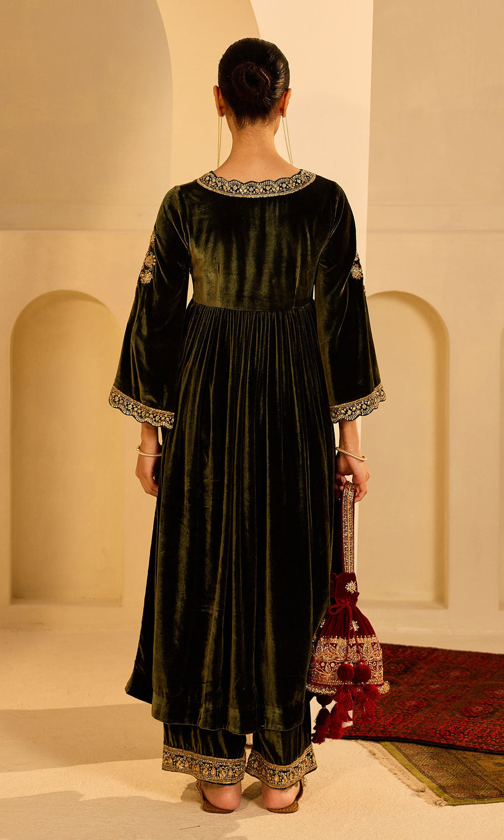 Dilbaro Mughals Olive Green v Neck Anarkali with Palazzo and Dupatta (set of 3) - Ready to ship