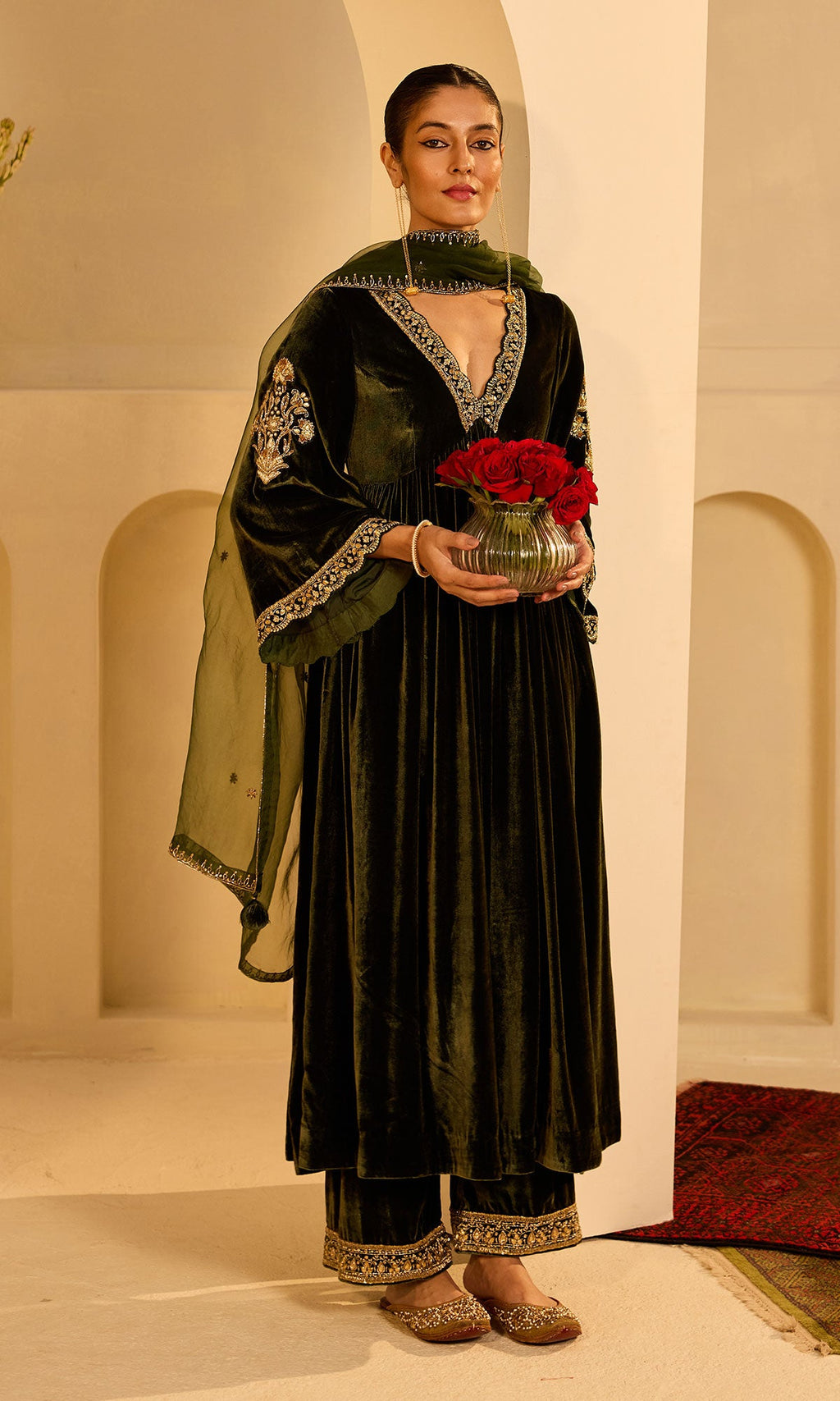 Dilbaro Mughals Olive Green v Neck Anarkali with Palazzo and Dupatta (set of 3) - Ready to ship