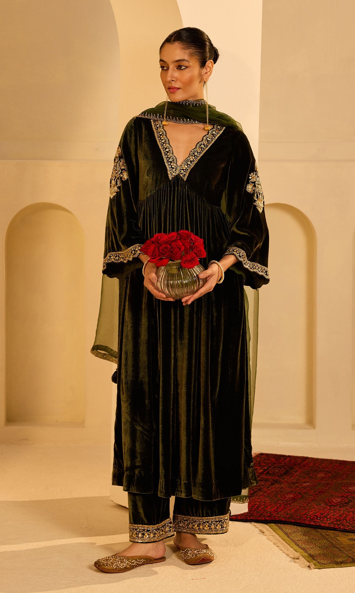 Dilbaro Mughals Olive Green v Neck Anarkali with Palazzo and Dupatta (set of 3) - Ready to ship