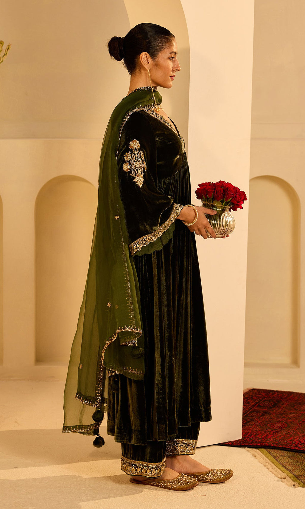 Dilbaro Mughals Olive Green v Neck Anarkali with Palazzo and Dupatta (set of 3) - Ready to ship