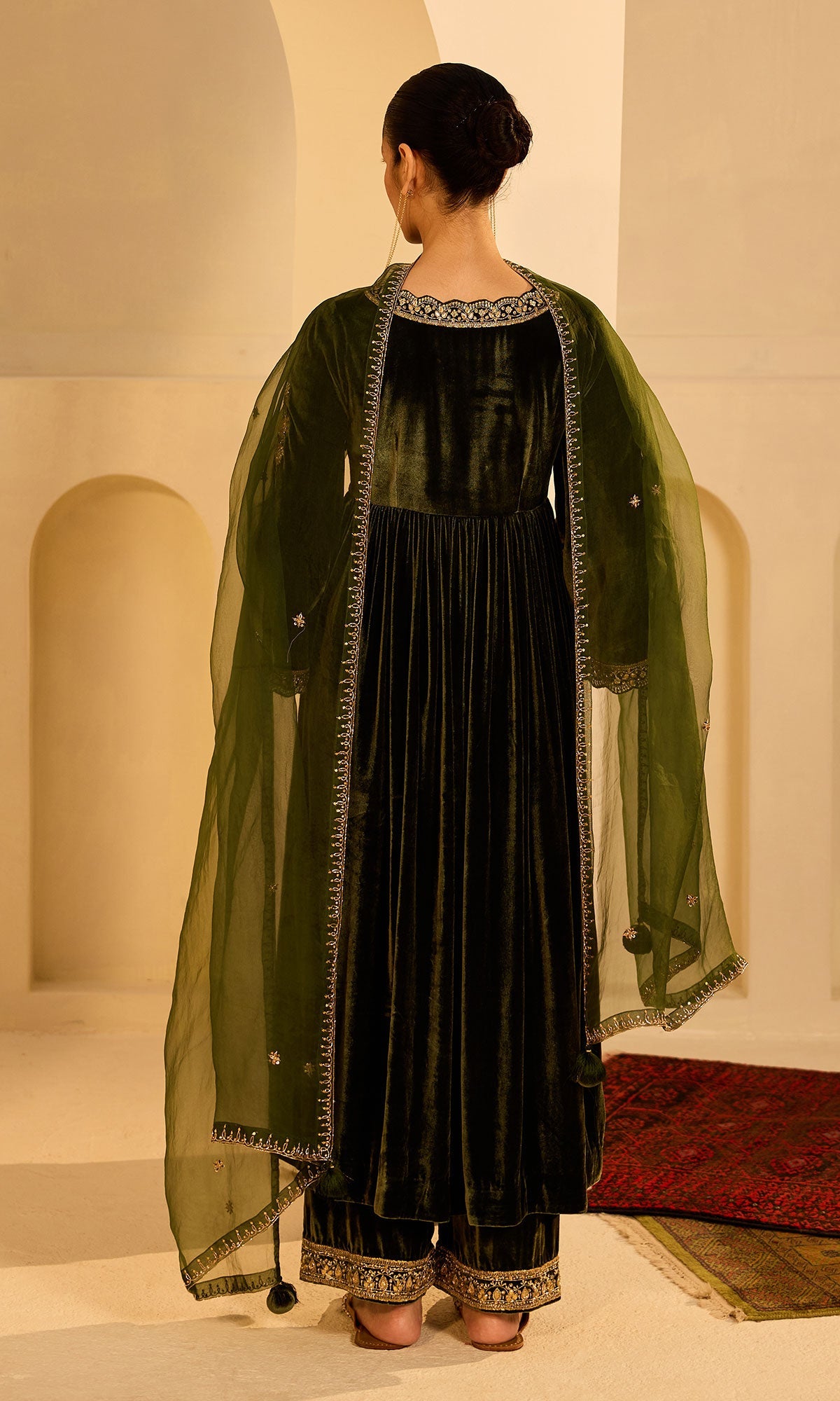 Dilbaro Mughals Olive Green v Neck Anarkali with Palazzo and Dupatta (set of 3) - Ready to ship