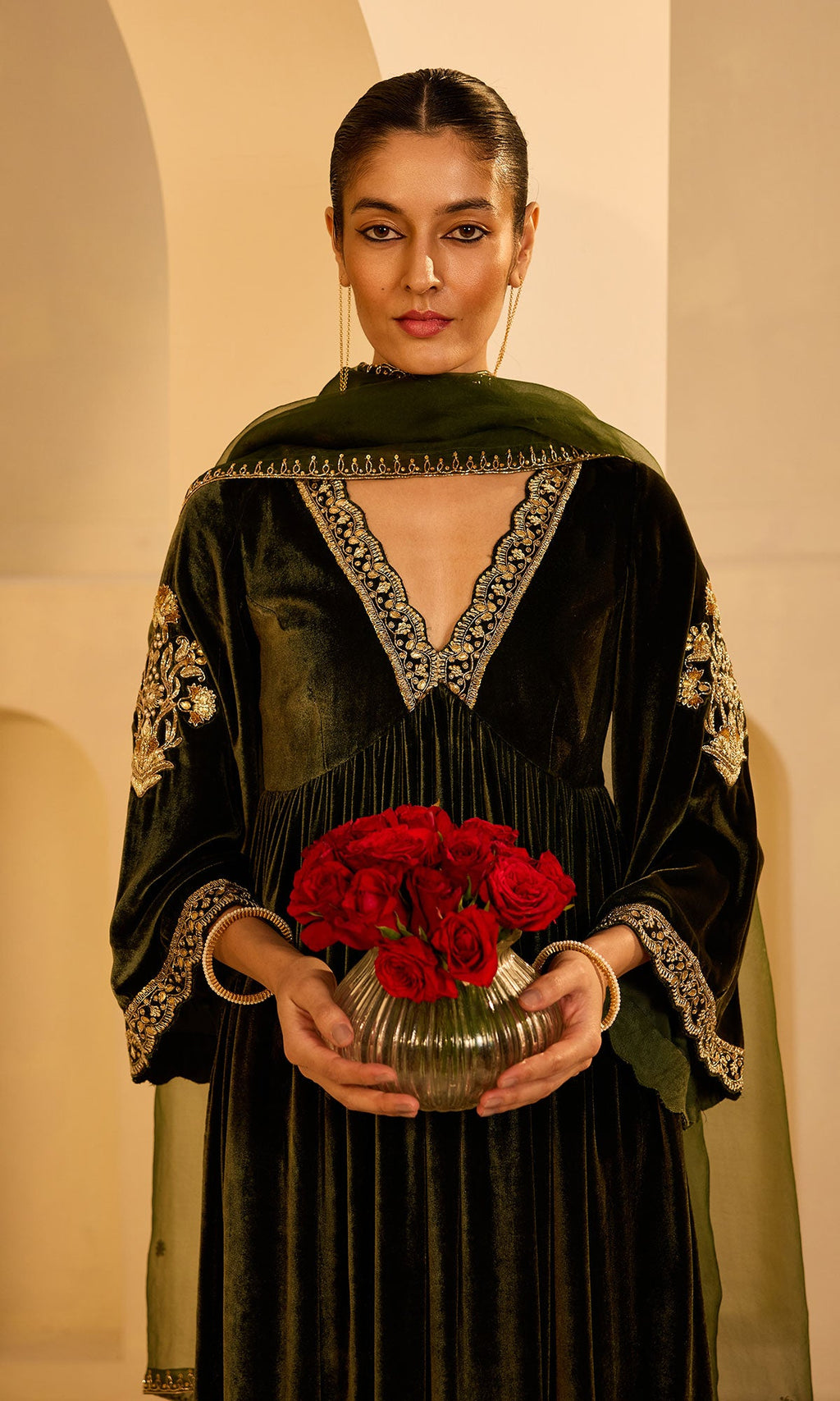 Dilbaro Mughals Olive Green v Neck Anarkali with Palazzo and Dupatta (set of 3) - Ready to ship