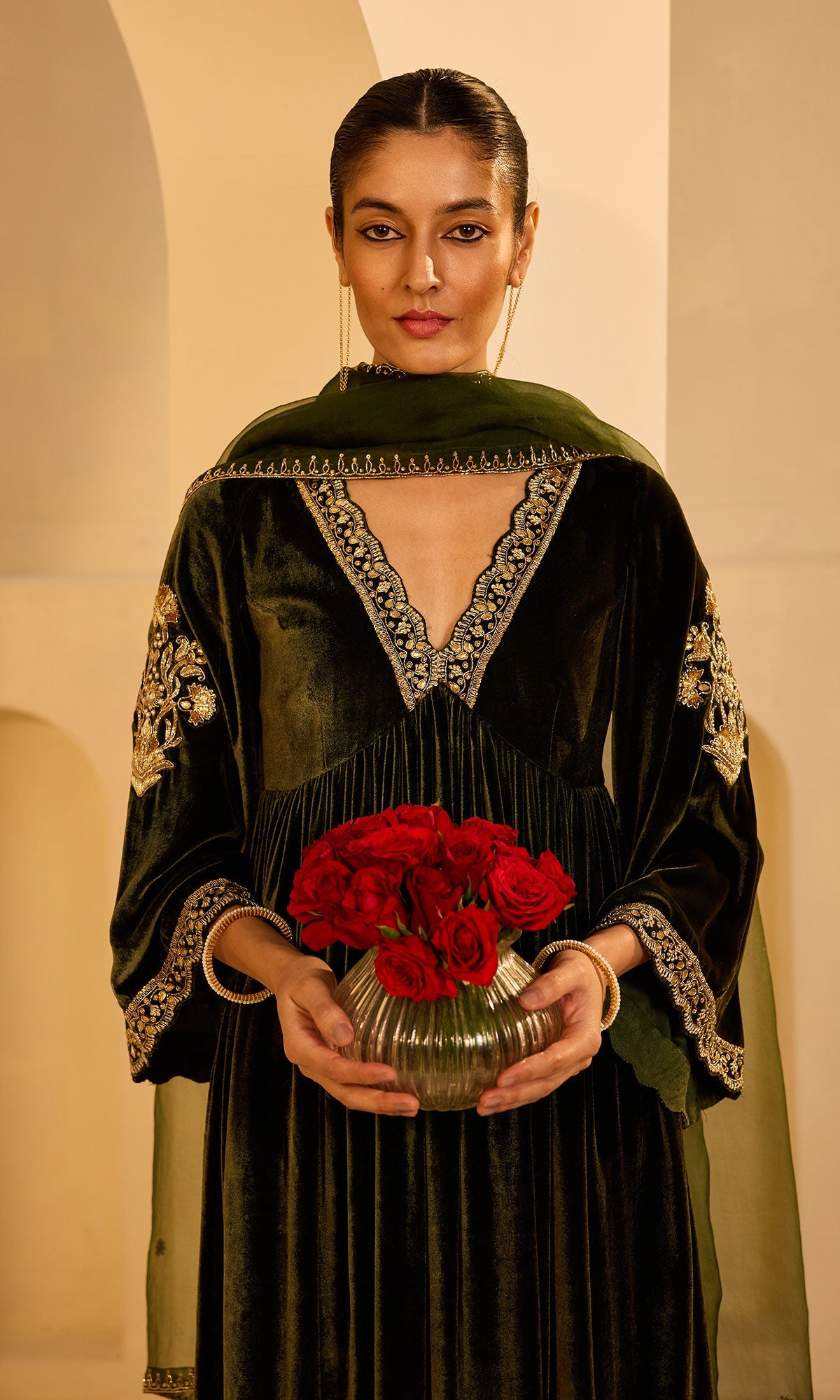 Dilbaro Mughals Olive Green v Neck Anarkali with Palazzo and Dupatta (set of 3) - Ready to ship