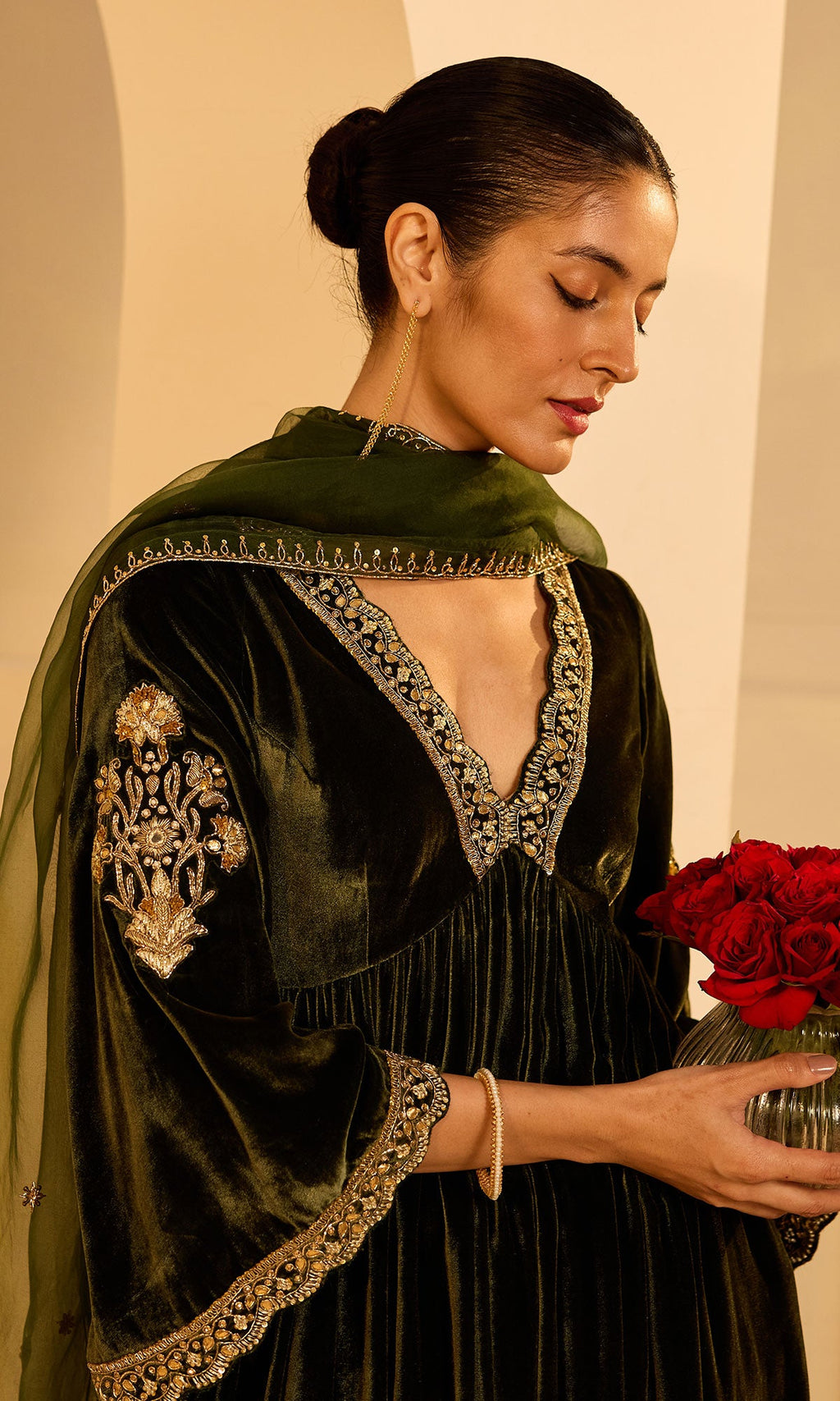 Dilbaro Mughals Olive Green v Neck Anarkali with Palazzo and Dupatta (set of 3) - Ready to ship