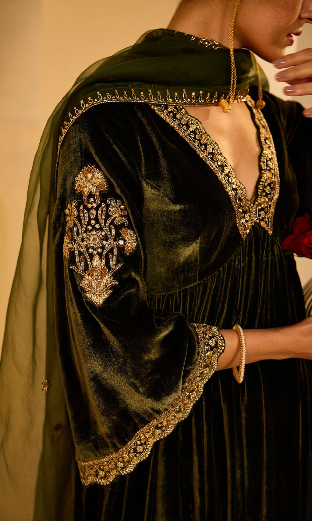 Dilbaro Mughals Olive Green v Neck Anarkali with Palazzo and Dupatta (set of 3) - Ready to ship