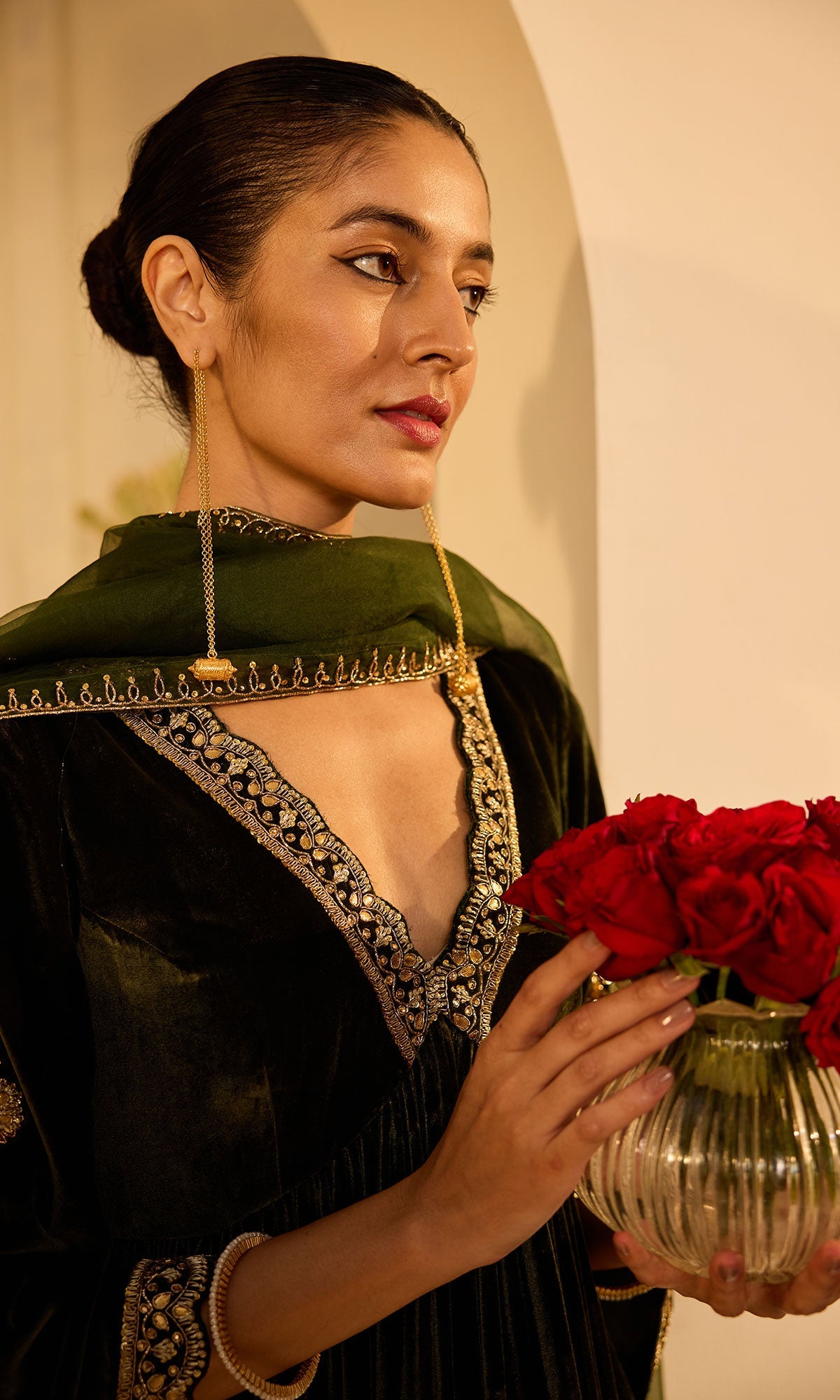 Dilbaro Mughals Olive Green v Neck Anarkali with Palazzo and Dupatta (set of 3) - Ready to ship
