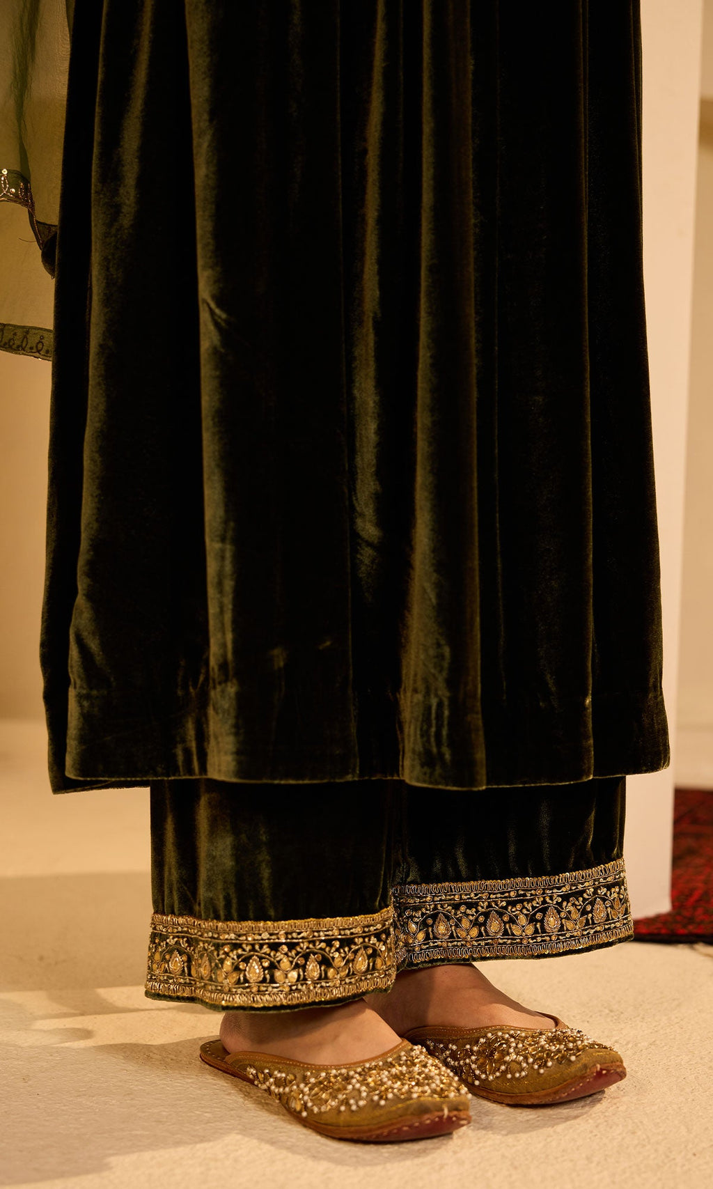 Dilbaro Mughals Olive Green v Neck Anarkali with Palazzo and Dupatta (set of 3) - Ready to ship