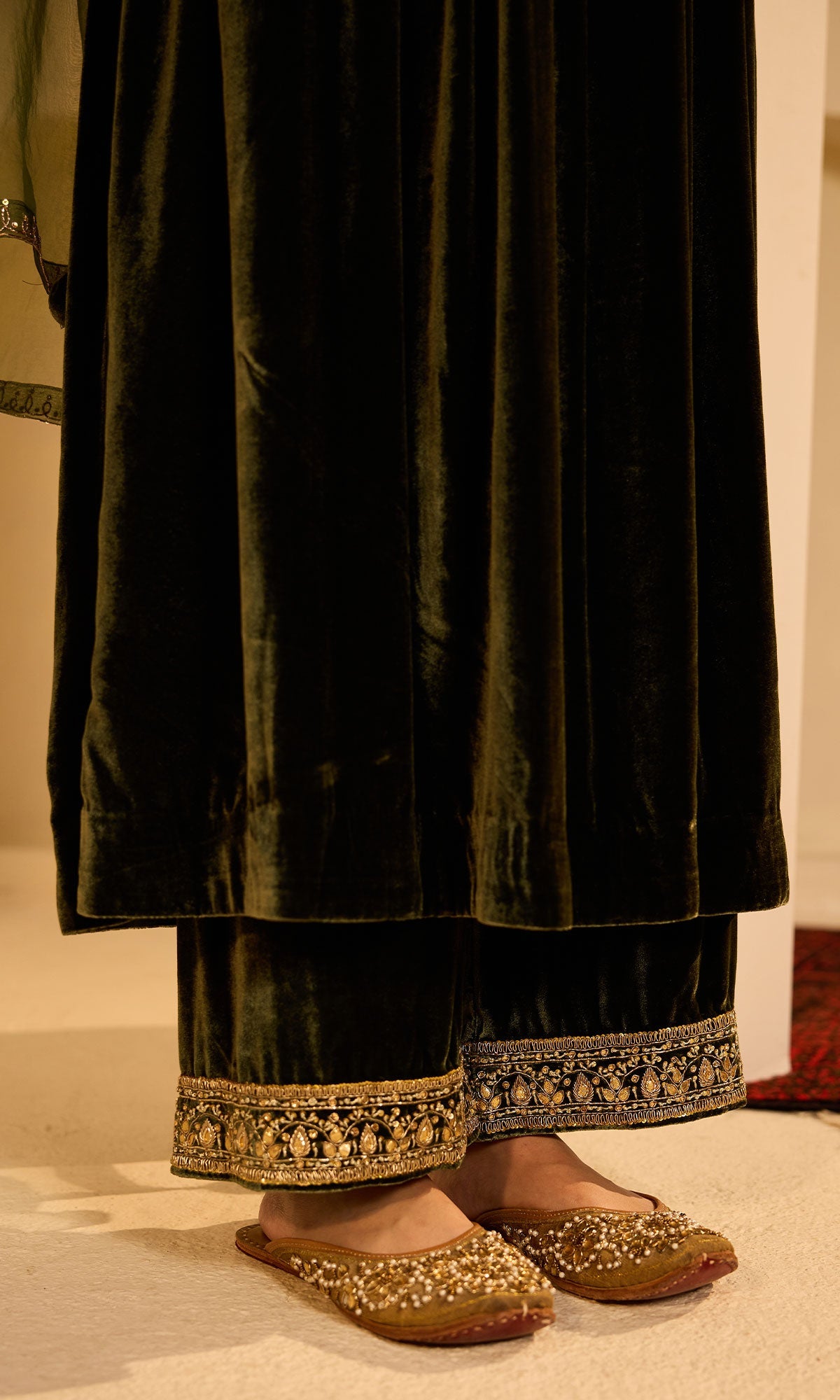 Dilbaro Mughals Olive Green v Neck Anarkali with Palazzo and Dupatta (set of 3) - Ready to ship