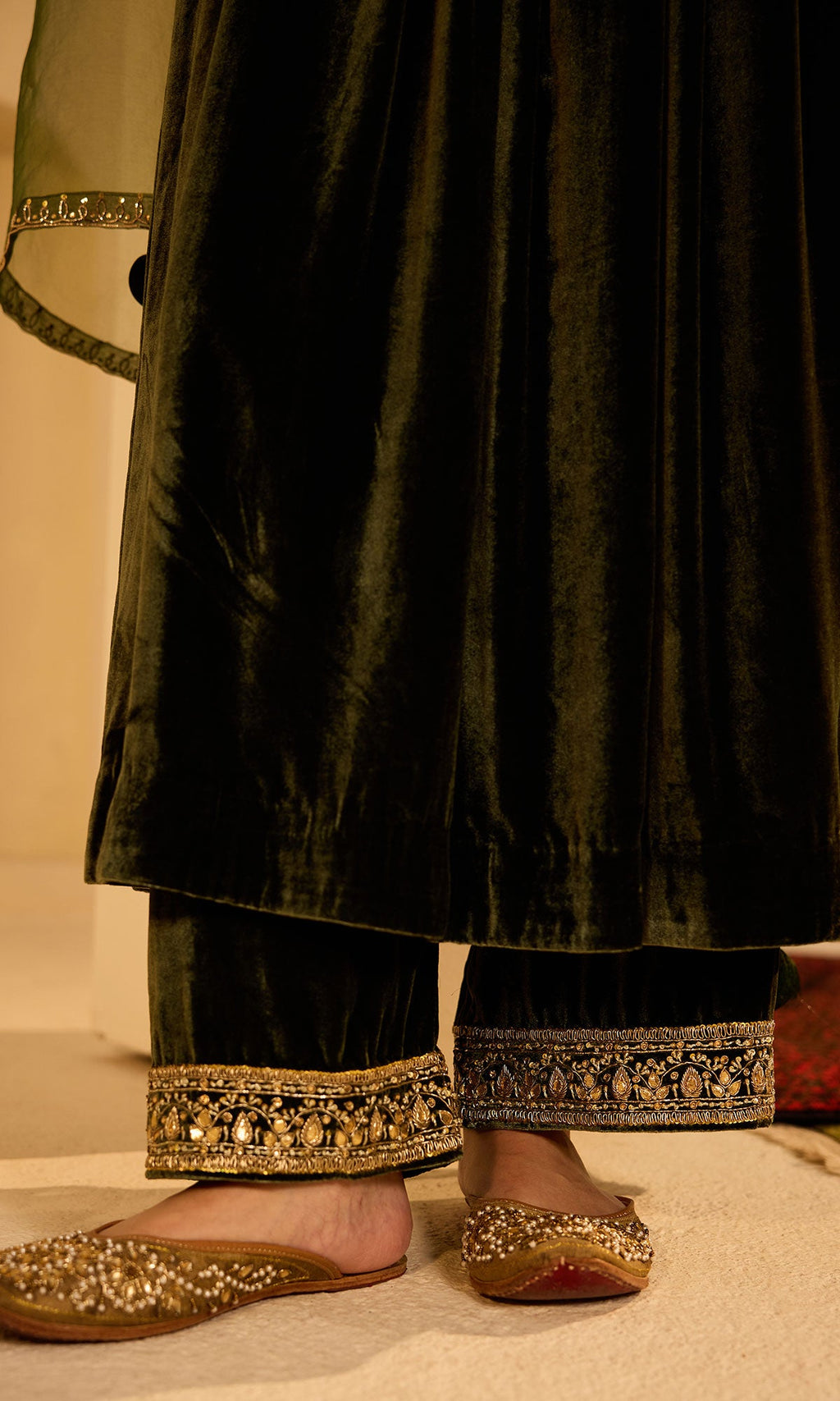 Dilbaro Mughals Olive Green v Neck Anarkali with Palazzo and Dupatta (set of 3) - Ready to ship