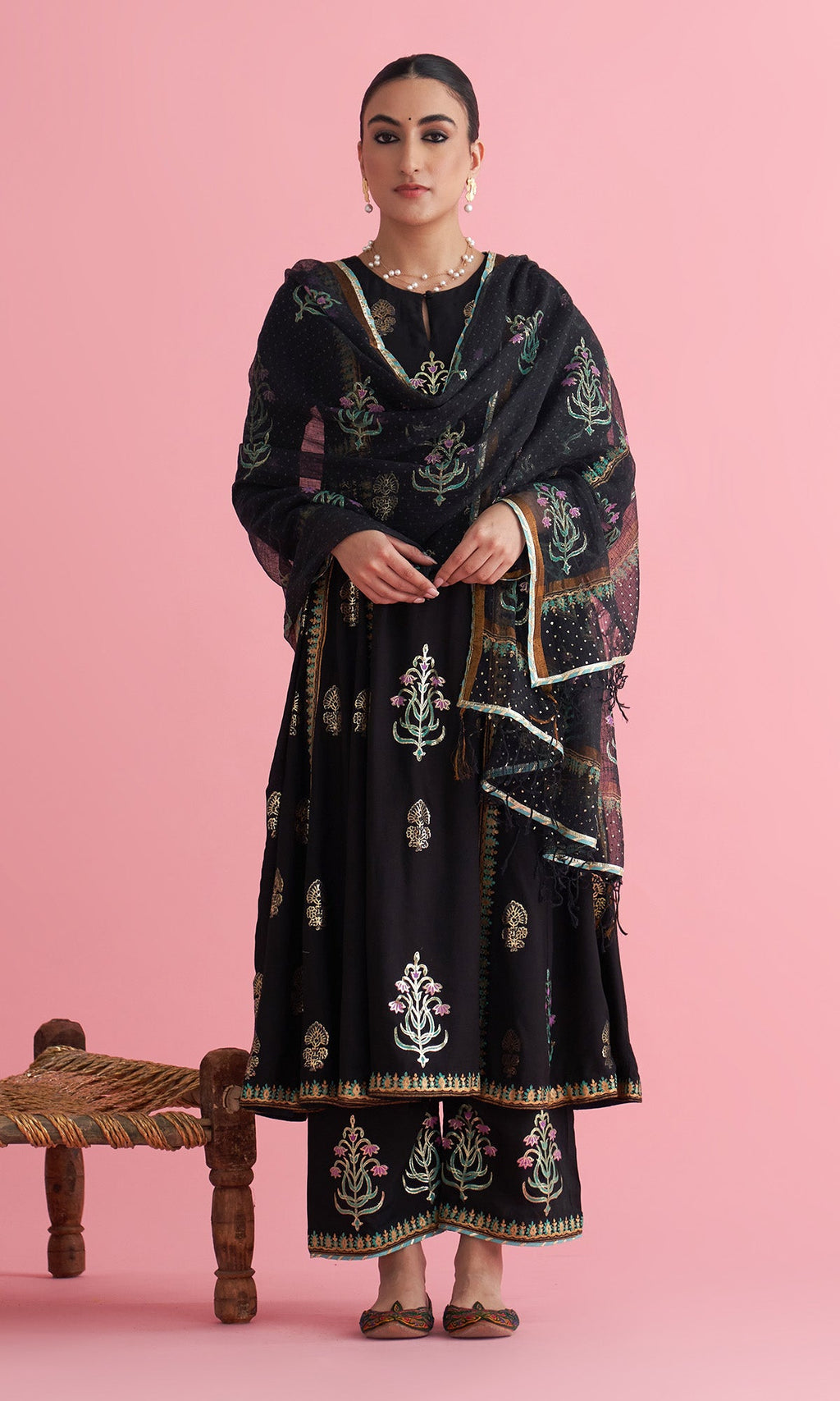 Apala Black Foil print Anarkali with palazzo and dupatta(set of 3) - Ready to ship