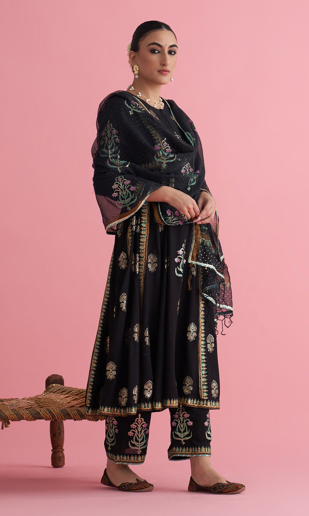 Apala Black Foil print Anarkali with palazzo and dupatta(set of 3) - Ready to ship