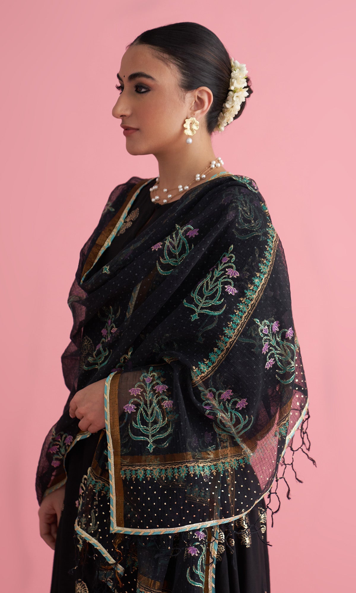 Apala Black Foil print Anarkali with palazzo and dupatta(set of 3) - Ready to ship