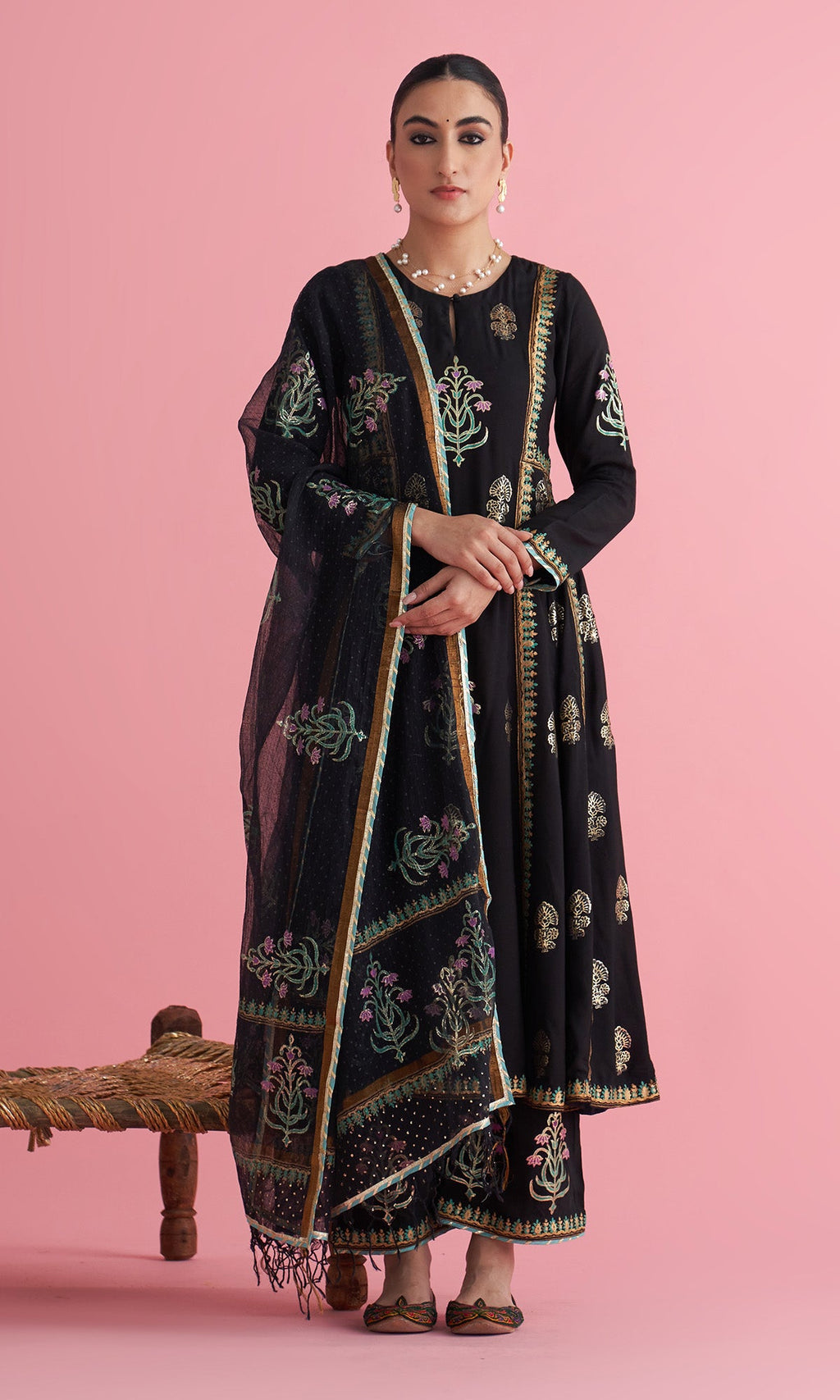 Apala Black Foil print Anarkali with palazzo and dupatta(set of 3) - Ready to ship