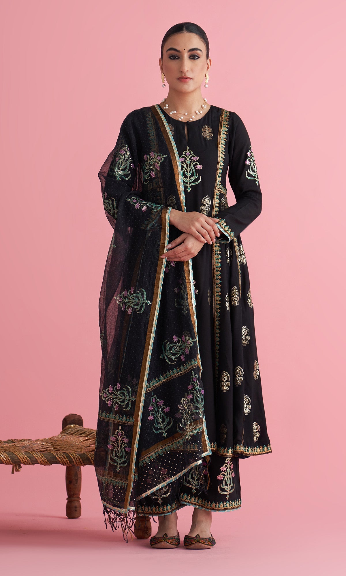 Apala Black Foil print Anarkali with palazzo and dupatta(set of 3) - Ready to ship