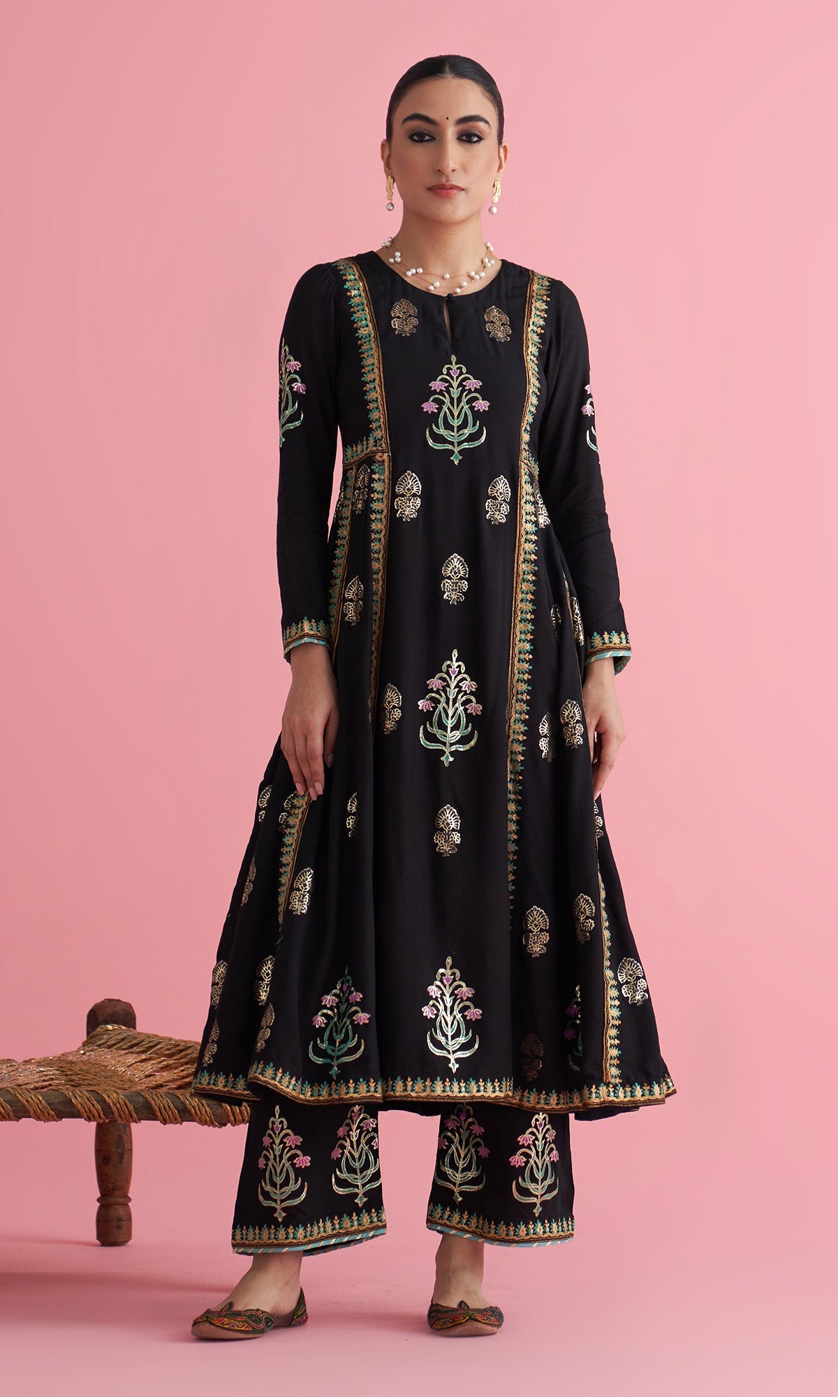 Apala Black Foil print Anarkali with palazzo and dupatta(set of 3) - Ready to ship