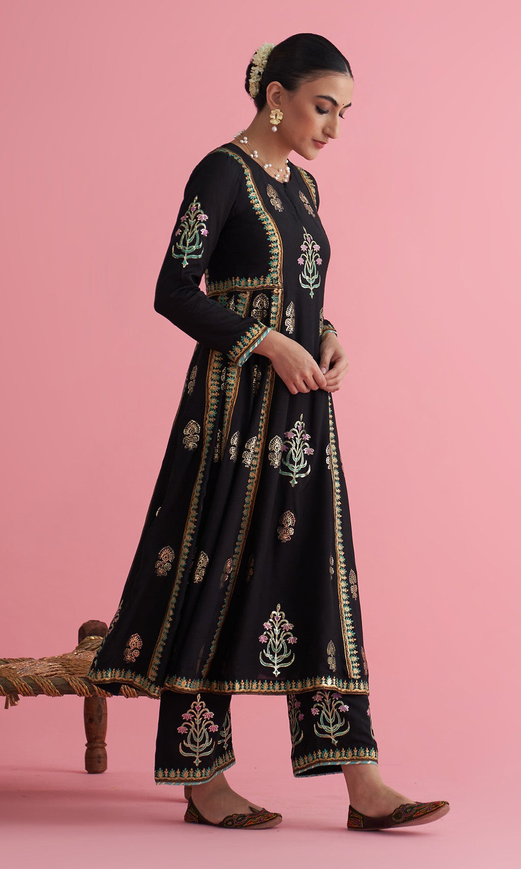 Apala Black Foil print Anarkali with palazzo and dupatta(set of 3) - Ready to ship