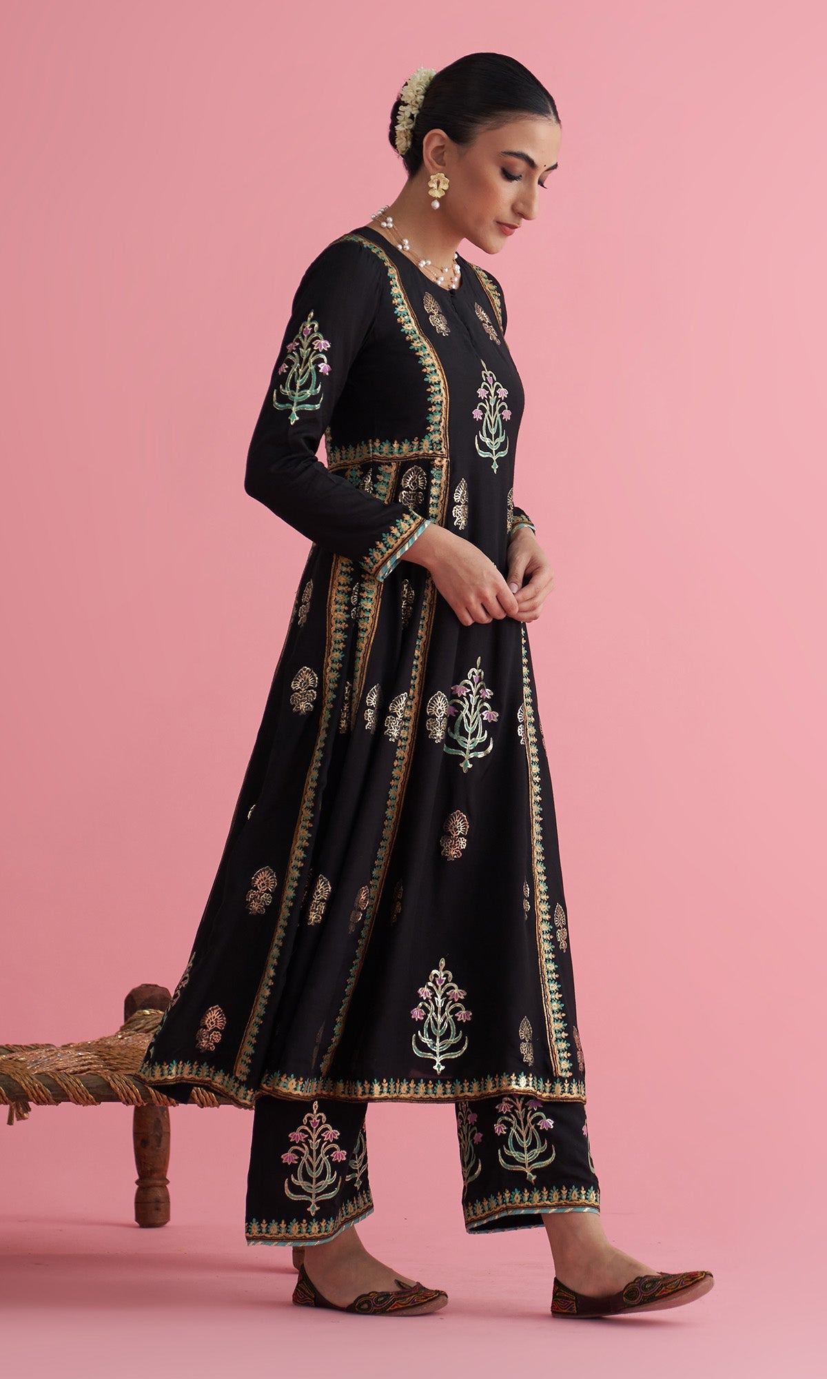 Apala Black Foil print Anarkali with palazzo and dupatta(set of 3) - Ready to ship